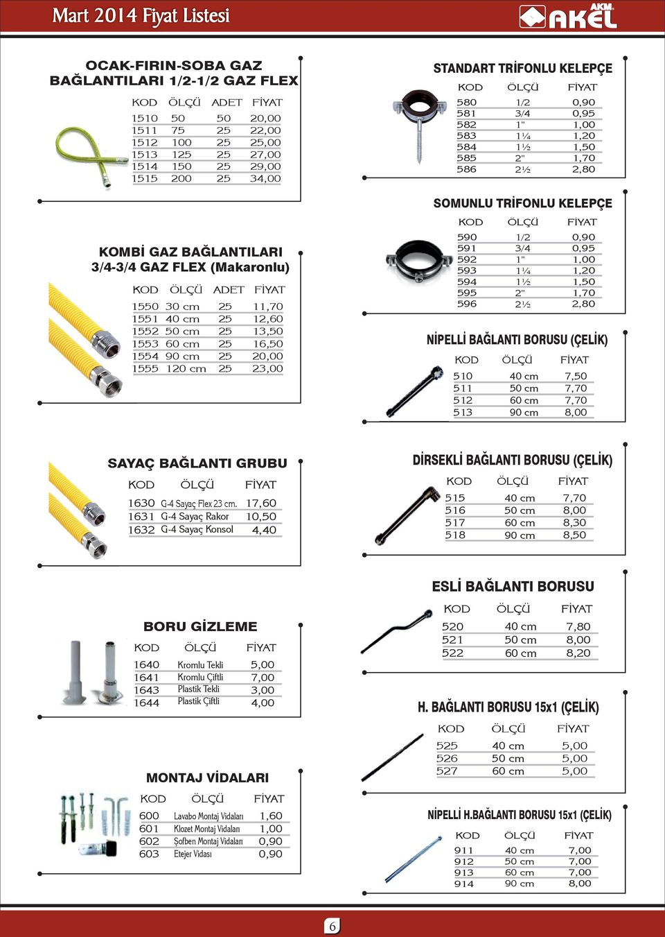 1,20 1,70 NİPELLİ BAĞLANTI BORUSU (ÇELİK) 510 511 512 513 90 cm 7,50 SAYAÇ BAĞLANTI GRUBU 1630 1631 1632 G-4 Sayaç Flex 23 cm.