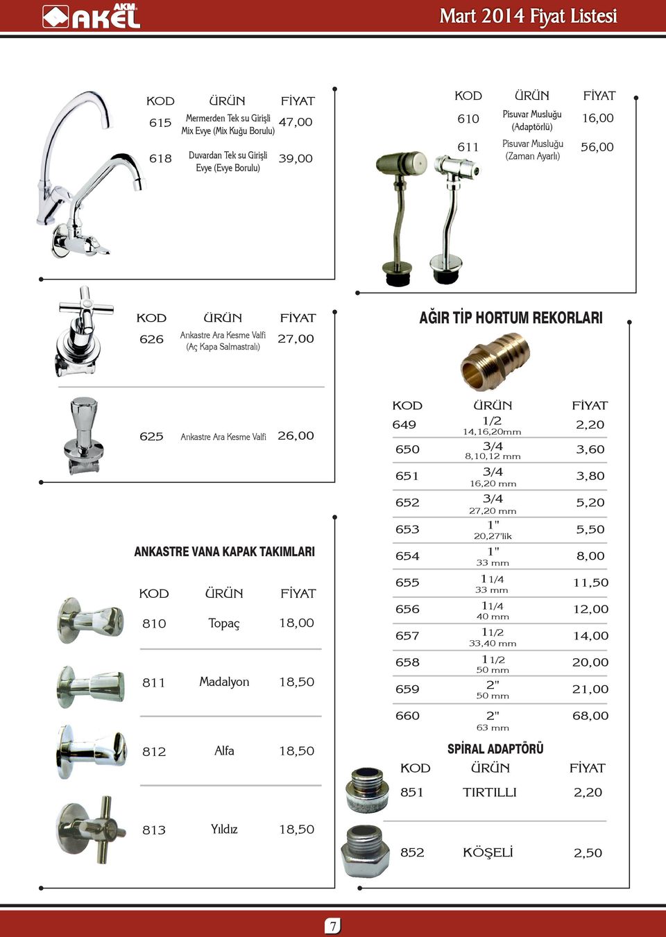 Musluğu (Adaptörlü) 16,00 611 Pisuvar Musluğu (Zaman Ayarlı) 56,00 AĞIR TİP HORTUM REKORLARI 6 18,50 659 660 14,16,20mm 3,60 3,80 8,10, 16,20 mm 27,20