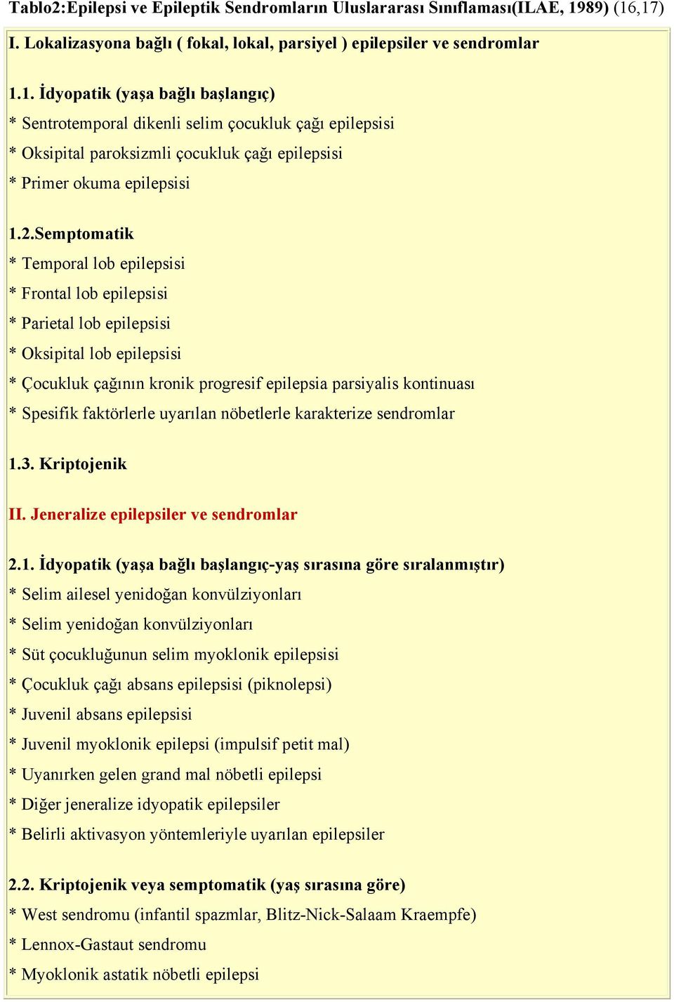 2.Semptomatik * Temporal lob epilepsisi * Frontal lob epilepsisi * Parietal lob epilepsisi * Oksipital lob epilepsisi * Çocukluk çağının kronik progresif epilepsia parsiyalis kontinuası * Spesifik