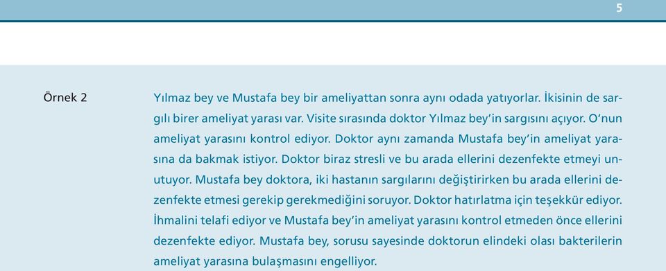 Mustafa bey doktora, iki hastanın sargılarını değiştirirken bu arada ellerini dezenfekte etmesi gerekip gerekmediğini soruyor. Doktor hatırlatma için teşekkür ediyor.