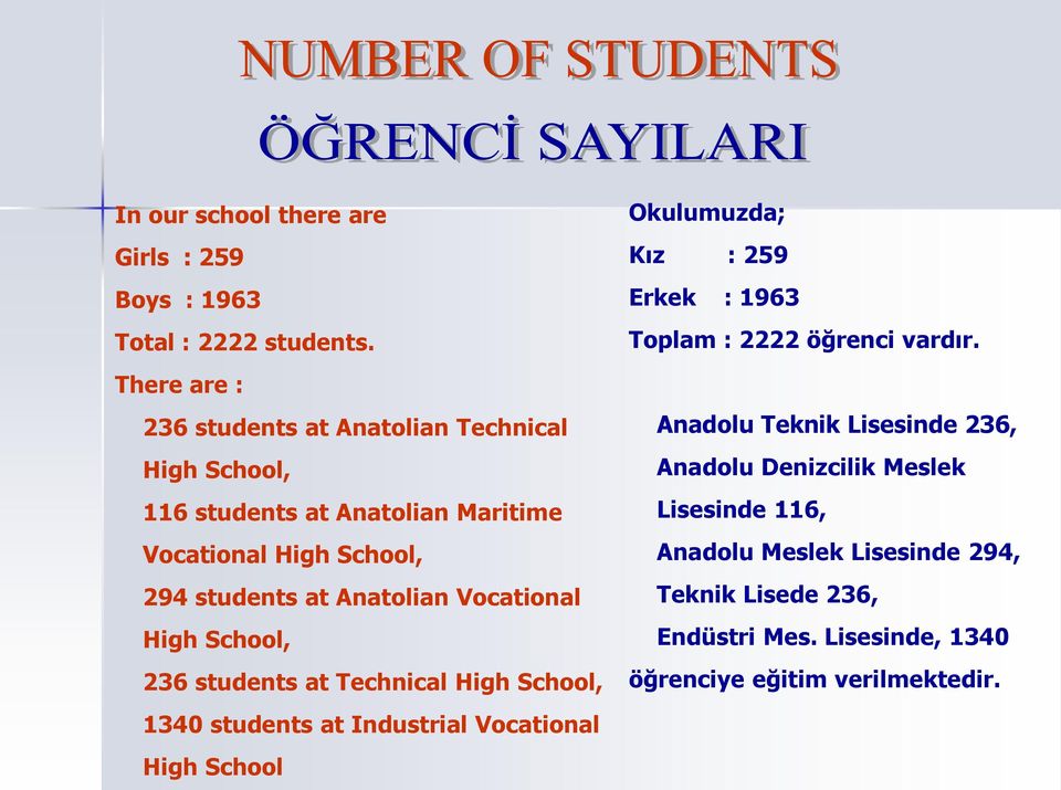 Anatolian Vocational High School, 236 students at Technical High School, 1340 students at Industrial Vocational High School Okulumuzda; Kız :