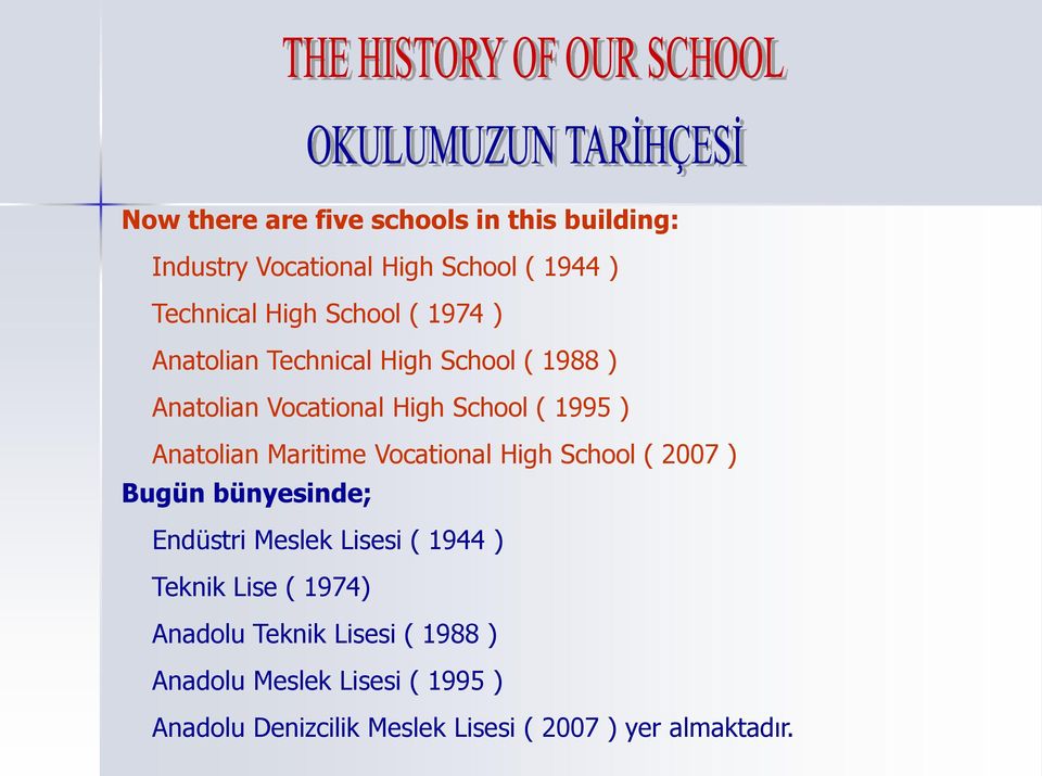 Vocational High School ( 2007 ) Bugün bünyesinde; Endüstri Meslek Lisesi ( 1944 ) Teknik Lise ( 1974) Anadolu
