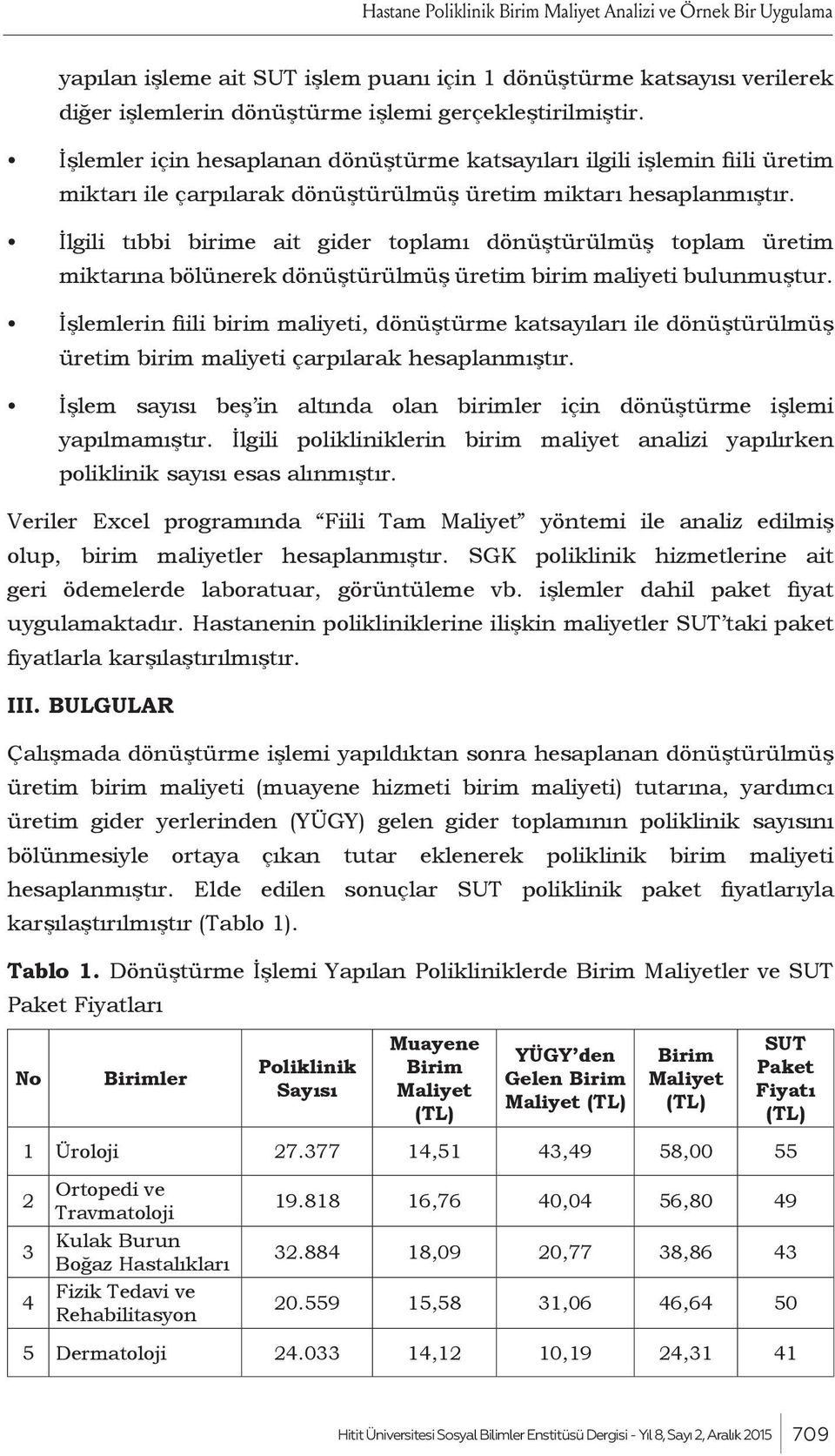 İlgili tıbbi birime ait gider toplamı dönüştürülmüş toplam üretim miktarına bölünerek dönüştürülmüş üretim birim maliyeti bulunmuştur.