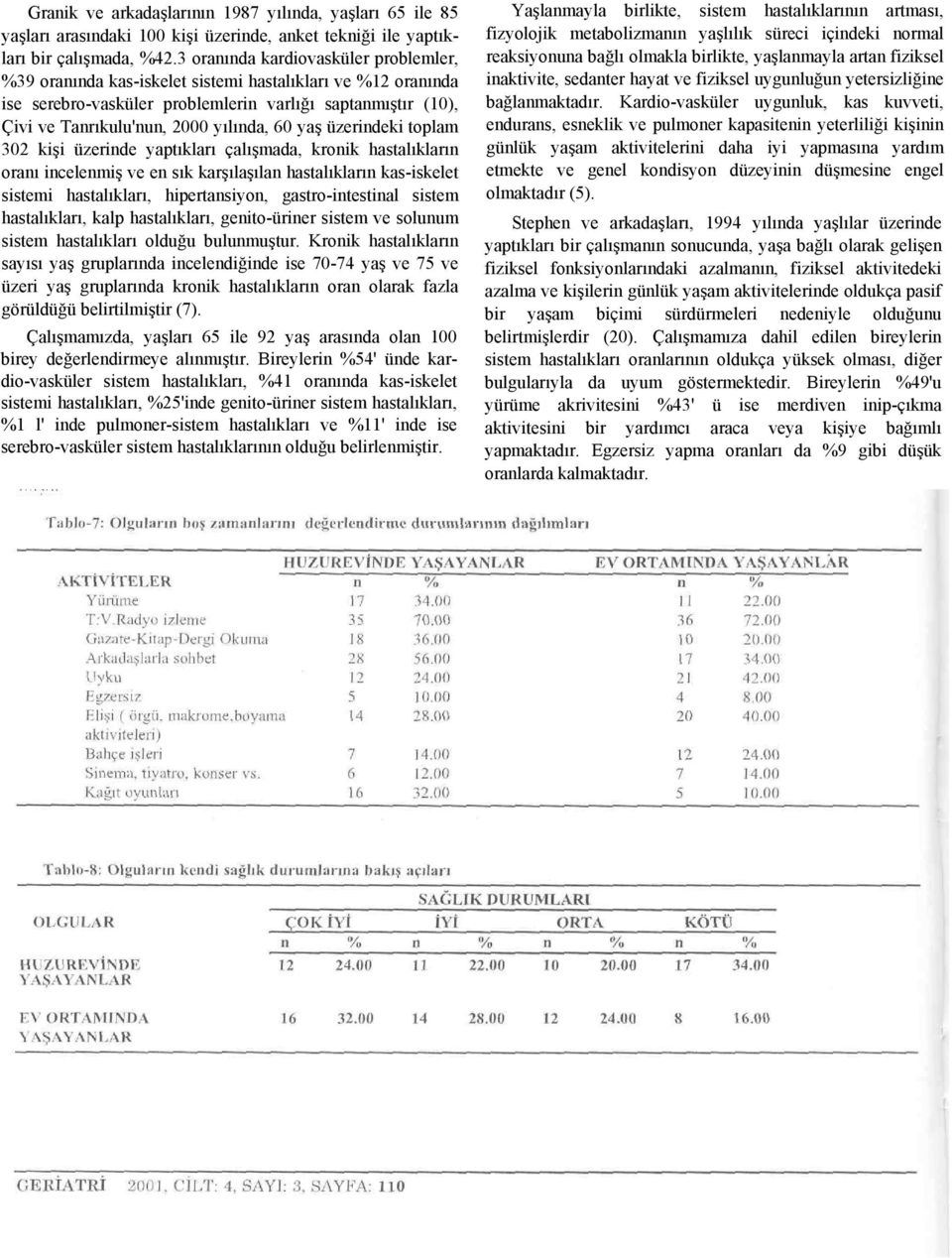 60 yaş üzerindeki toplam 302 kişi üzerinde yaptıkları çalışmada, kronik hastalıkların oranı incelenmiş ve en sık karşılaşılan hastalıkların kas-iskelet sistemi hastalıkları, hipertansiyon,