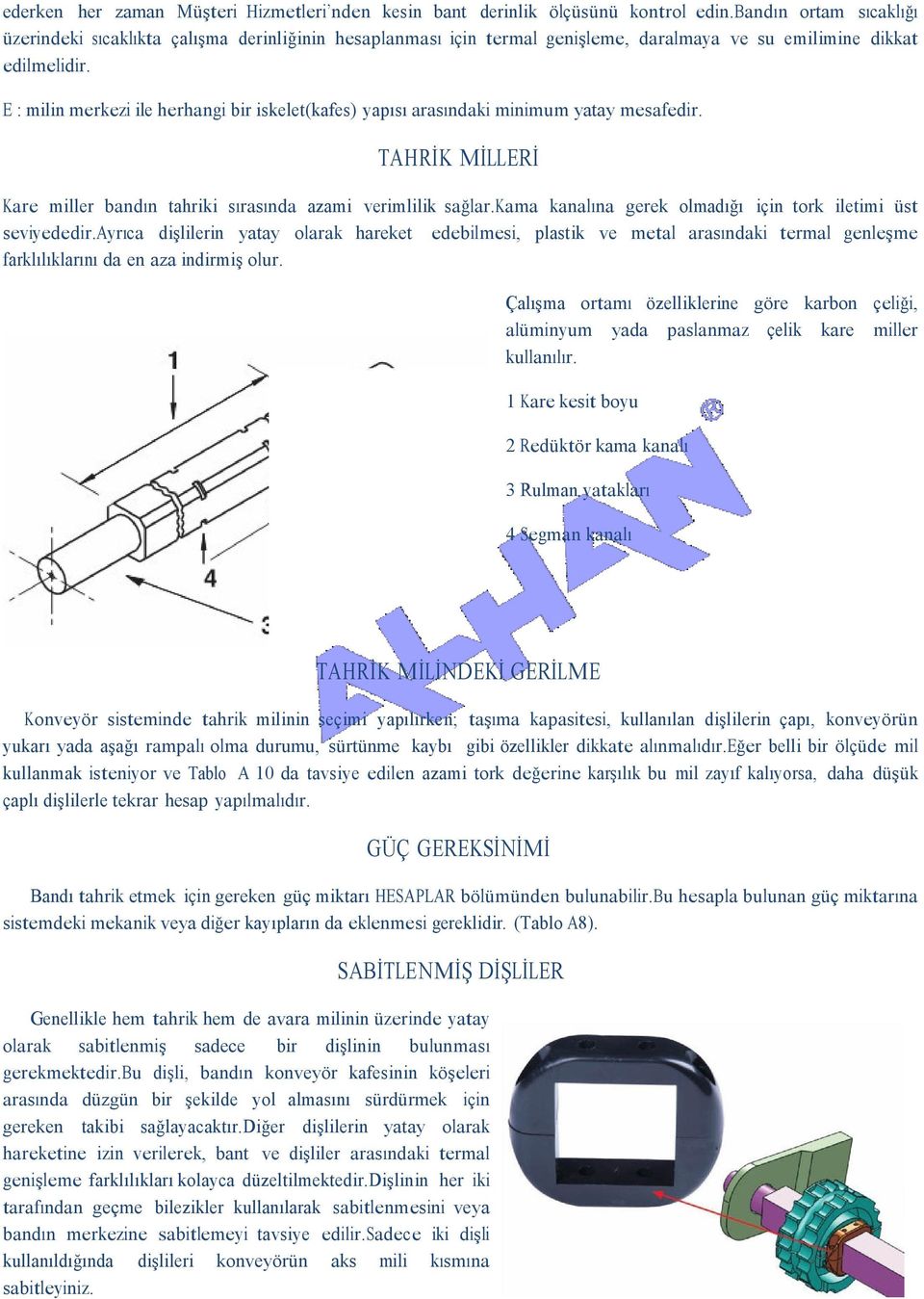 E : milin merkezi ile herhangi bir iskelet(kafes) yapısı arasındaki minimum yatay mesafedir. TAHRİK MİLLERİ Kare miller bandın tahriki sırasında azami verimlilik sağlar.