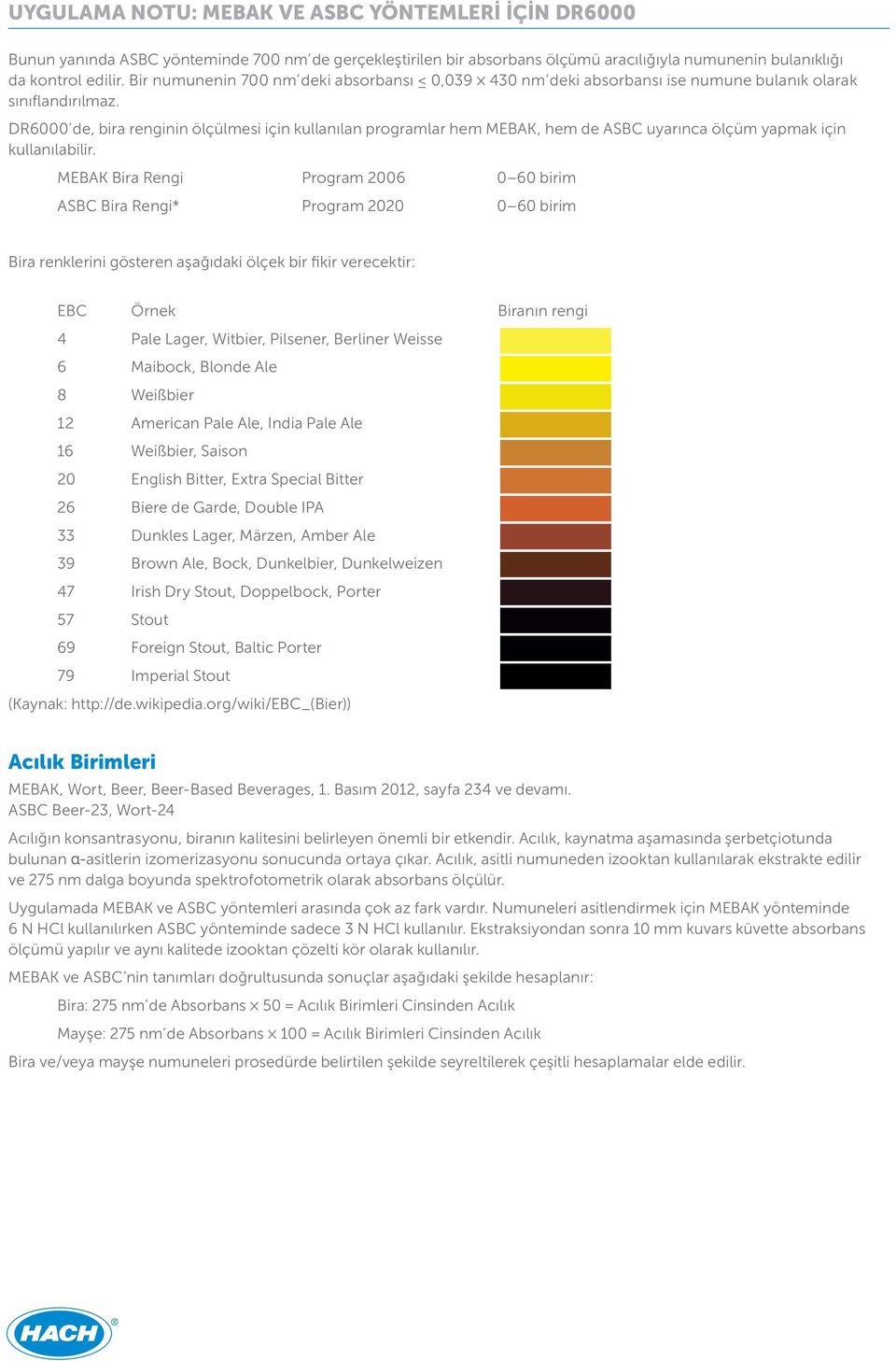 DR6000 de, bira renginin ölçülmesi için kullanılan programlar hem MEBAK, hem de ASBC uyarınca ölçüm yapmak için kullanılabilir.