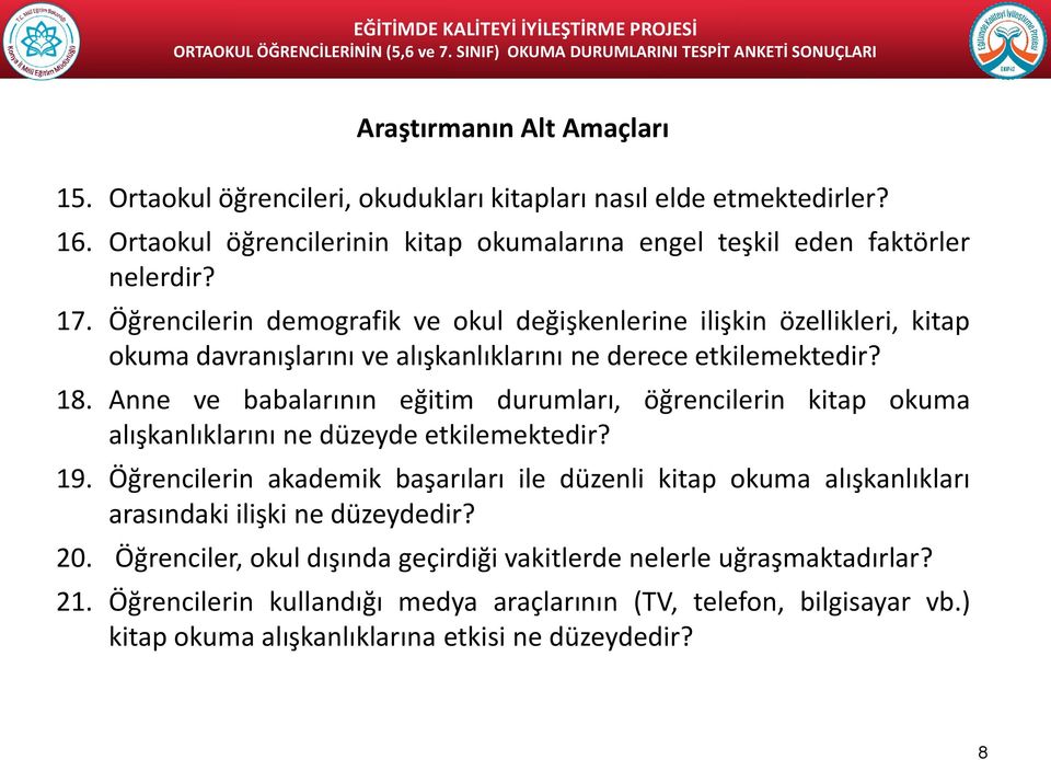 Anne ve babalarının eğitim durumları, öğrencilerin kitap okuma alışkanlıklarını ne düzeyde etkilemektedir? 19.