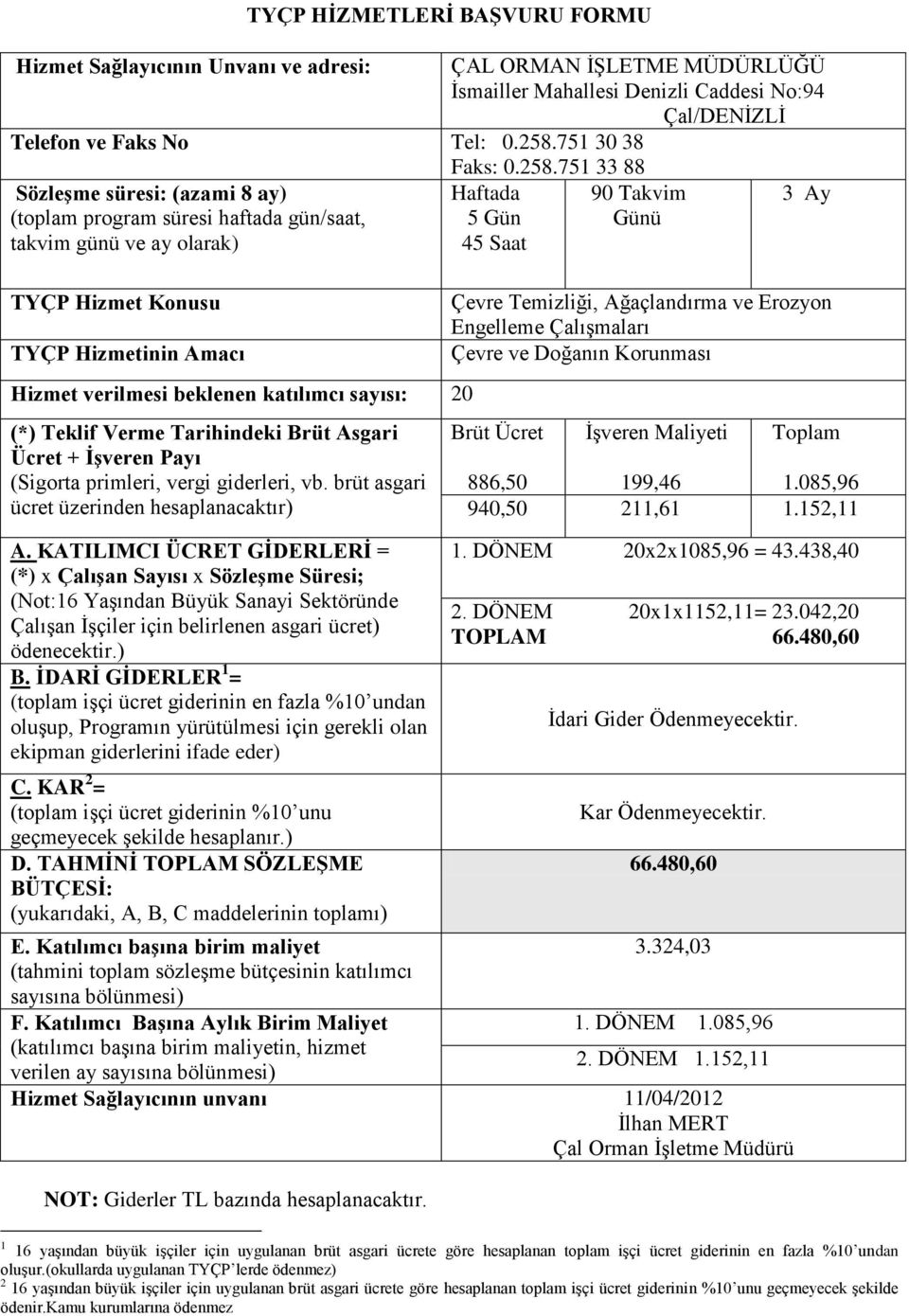 Teklif Verme Tarihindeki Brüt Asgari Ücret + İşveren Payı (Sigorta primleri, vergi giderleri, vb. brüt asgari ücret üzerinden hesaplanacaktır) A.