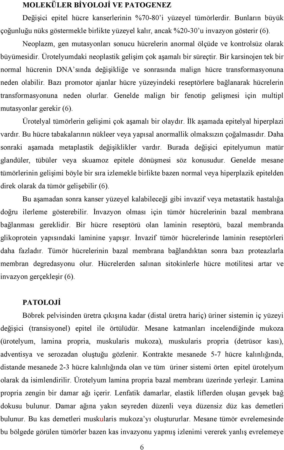 Ürotelyumdaki neoplastik gelişim çok aşamalı bir süreçtir. Bir karsinojen tek bir normal hücrenin DNA sında değişikliğe ve sonrasında malign hücre transformasyonuna neden olabilir.