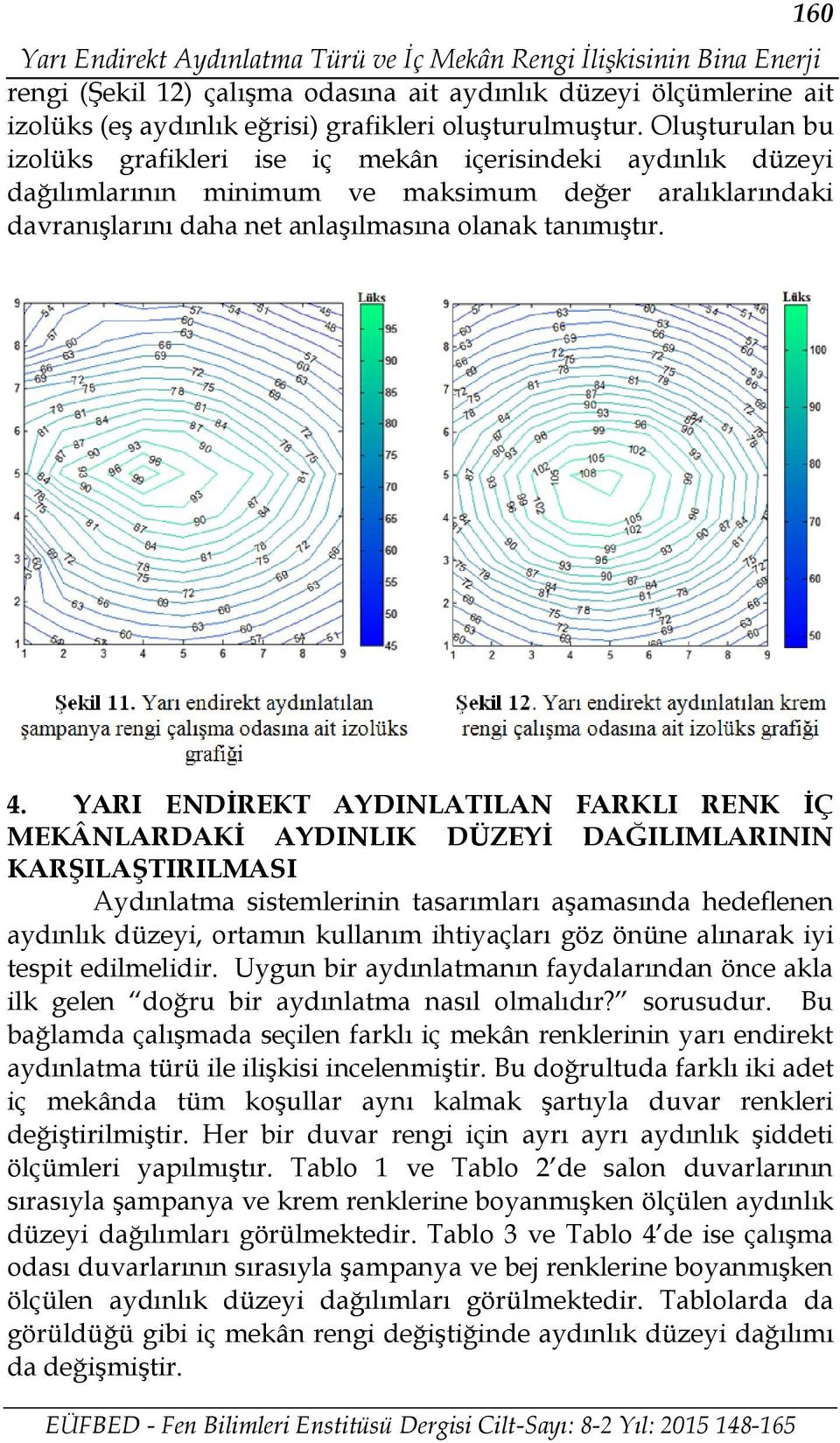 Oluşturulan bu izolüks grafikleri ise iç mekân içerisindeki aydınlık düzeyi dağılımlarının minimum ve maksimum değer aralıklarındaki davranışlarını daha net anlaşılmasına olanak tanımıştır. 4.