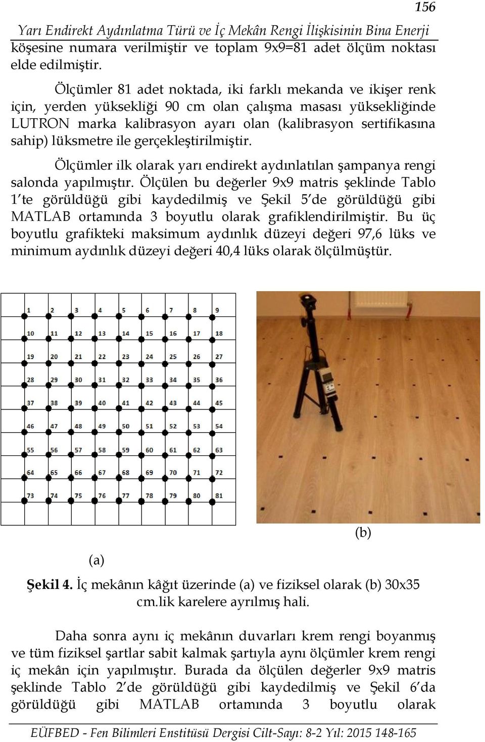 lüksmetre ile gerçekleştirilmiştir. Ölçümler ilk olarak yarı endirekt aydınlatılan şampanya rengi salonda yapılmıştır.