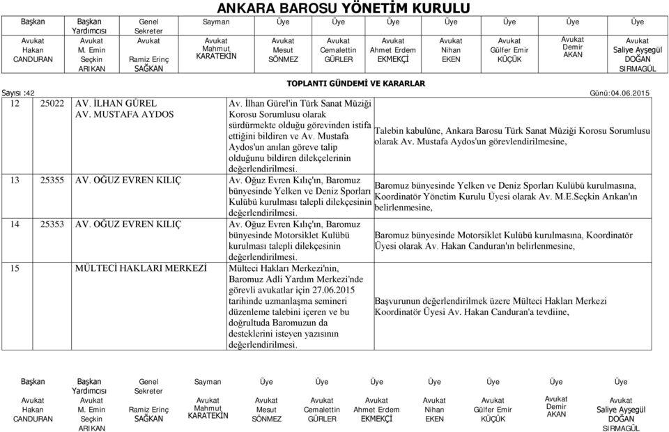 Oğuz Evren Kılıç'ın, Baromuz bünyesinde Yelken ve Deniz Sporları Kulübü kurulması talepli dilekçesinin değerlendirilmesi. 14 25353 AV. OĞUZ EVREN KILIÇ Av.