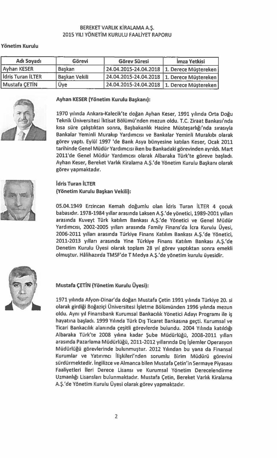 Derece Müştereken Ayhan KESER (Yönetim Kurulu Başkanı): 1970 yılında Ankara-Kalecik te doğan Ayhan Keser, 1991 yılında Orta Doğu Teknik Üniversitesi İktisat Bölümü nden mezun oldu. T.C.