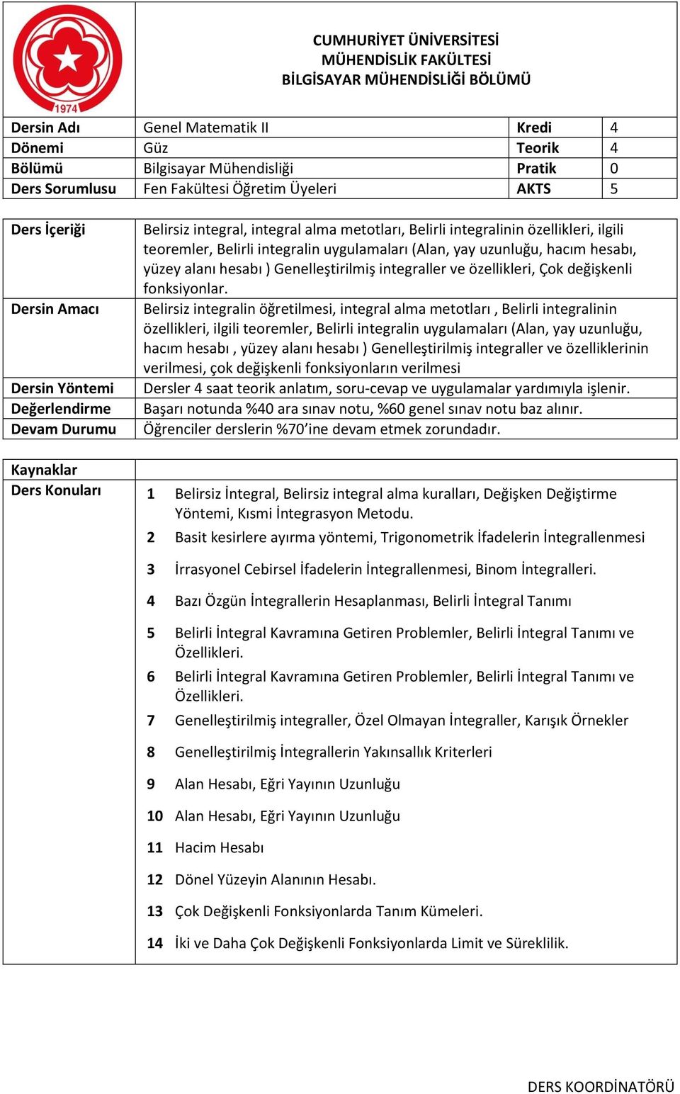 Belirsiz integralin öğretilmesi, integral alma metotları, Belirli integralinin özellikleri, ilgili teoremler, Belirli integralin uygulamaları (Alan, yay uzunluğu, hacım hesabı, yüzey alanı hesabı )