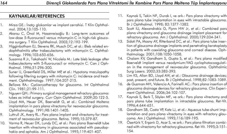 Higginbotham EJ, Stevens RK, Musch DC, et al.: Bleb related endophthalmitis after trabeculectomy with mitomycin C. Ophthalmology. 1996;103:650-656. 4. Susanna R Jr, Takahashi W, Nicolela M.