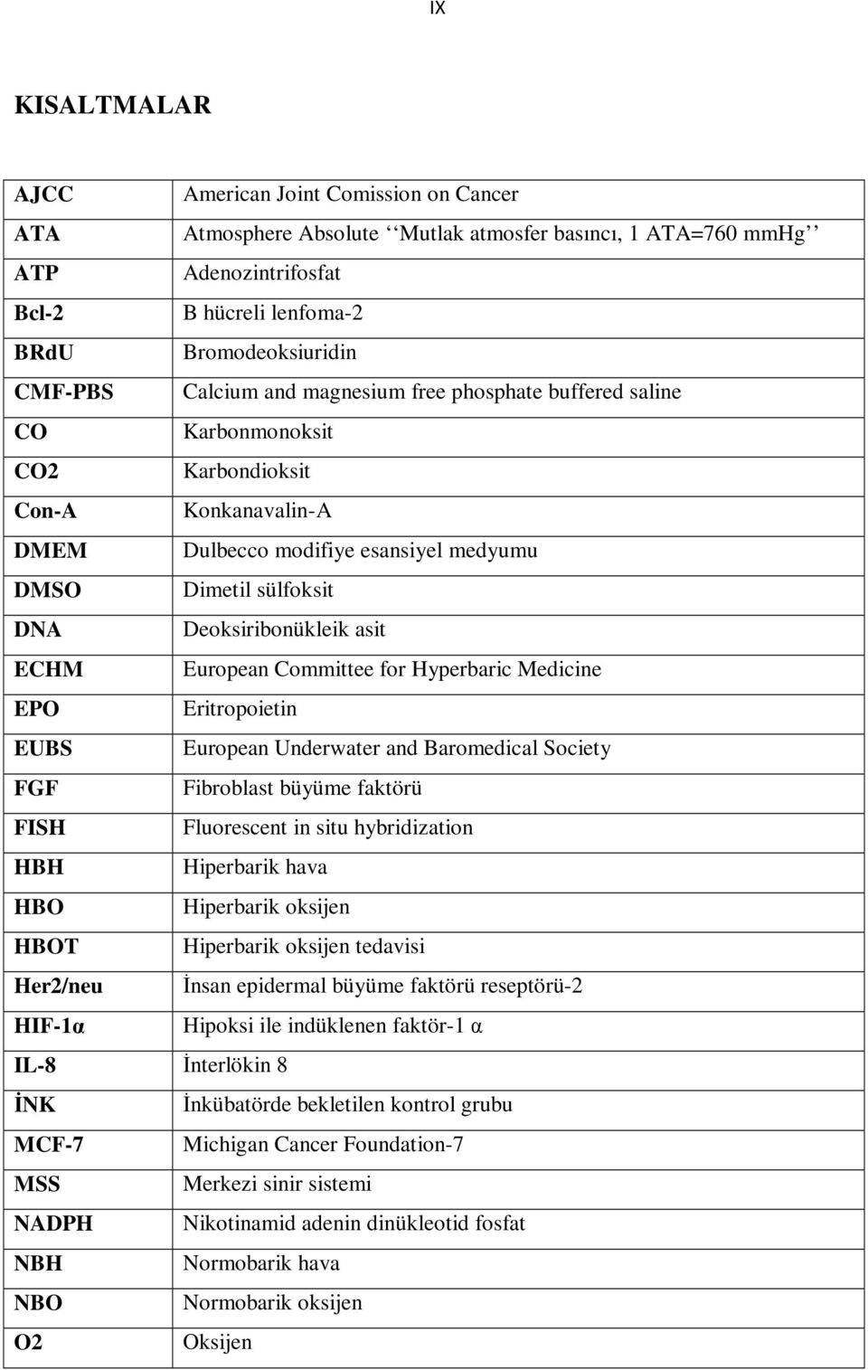 asit ECHM European Committee for Hyperbaric Medicine EPO Eritropoietin EUBS European Underwater and Baromedical Society FGF Fibroblast büyüme faktörü FISH Fluorescent in situ hybridization HBH