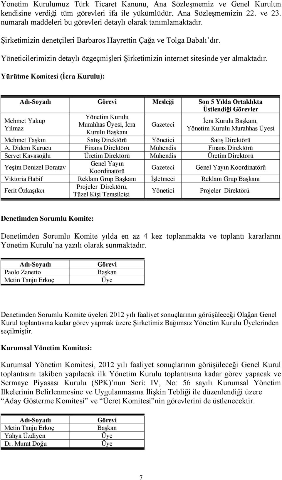 Yöneticilerimizin detaylı özgeçmişleri Şirketimizin internet sitesinde yer almaktadır.