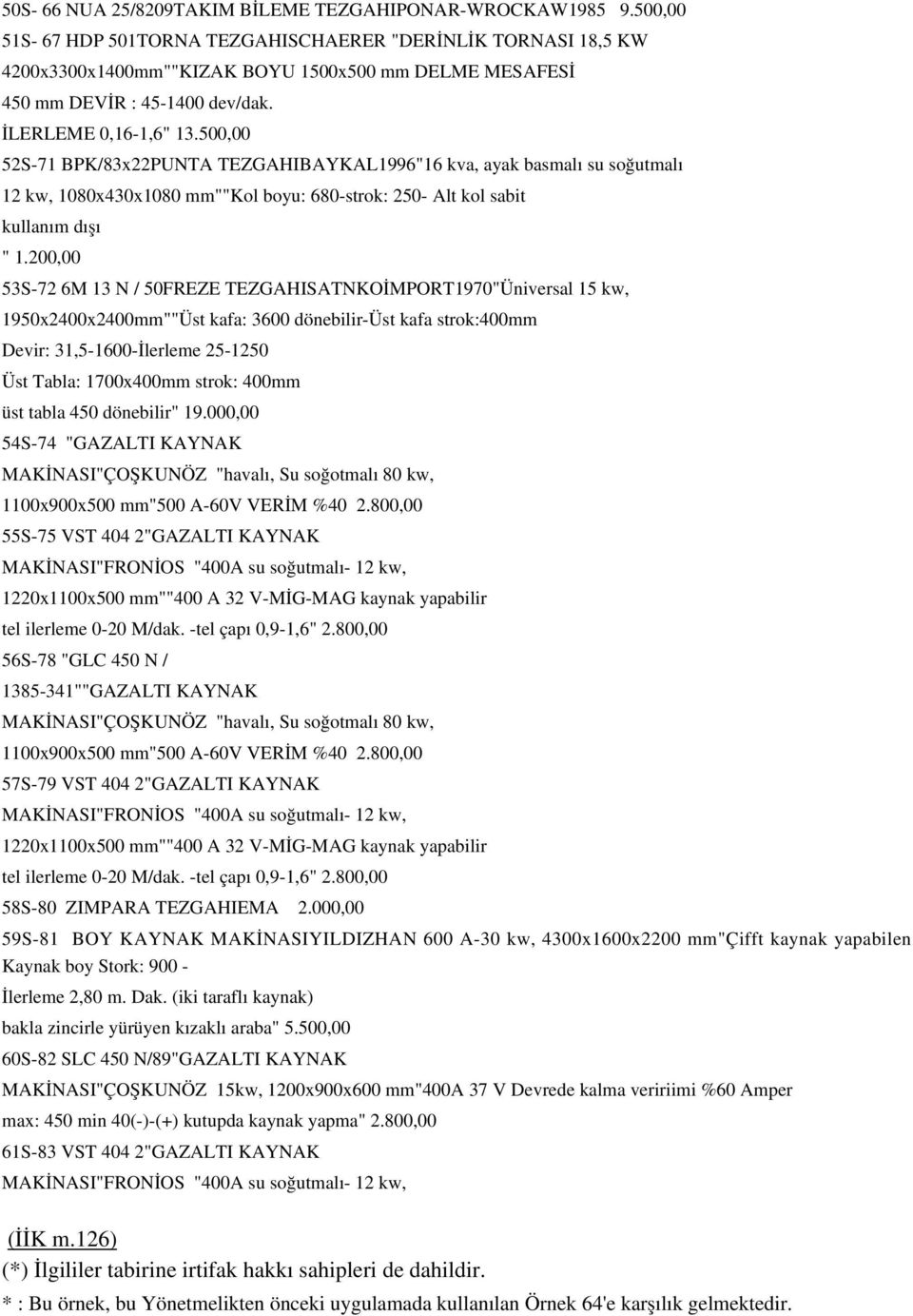 500,00 52S-71 BPK/83x22PUNTA TEZGAHIBAYKAL1996"16 kva, ayak basmalı su soğutmalı 12 kw, 1080x430x1080 mm""kol boyu: 680-strok: 250- Alt kol sabit kullanım dışı " 1.