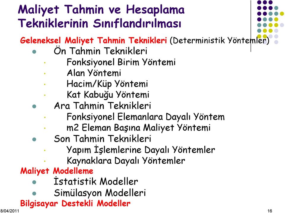 Fonksiyonel Elemanlara Dayalı Yöntem m2 Eleman Başına Maliyet Yöntemi Son Tahmin Teknikleri Yapım İşlemlerine Dayalı