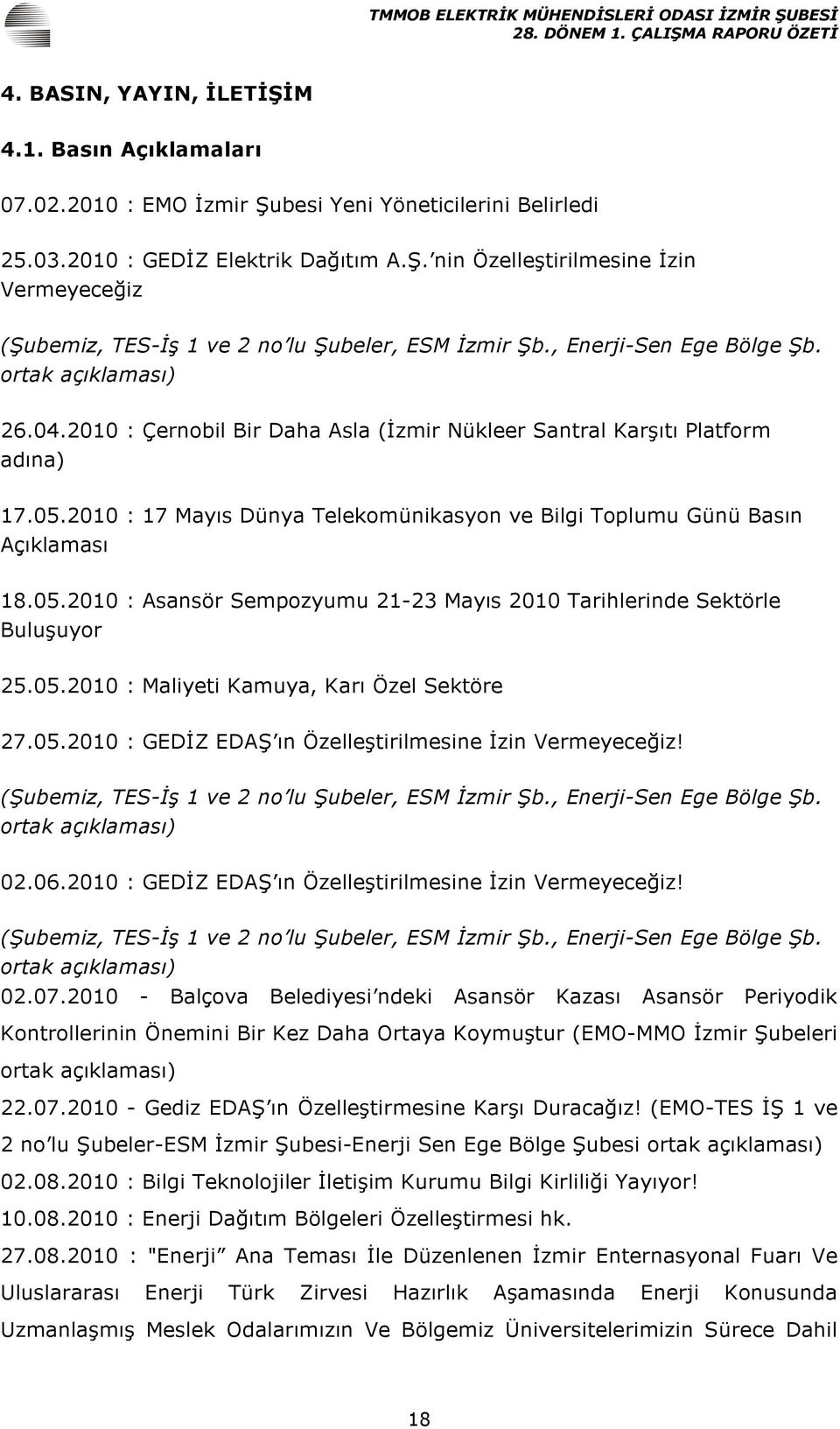 2010 : 17 Mayıs Dünya Telekomünikasyon ve Bilgi Toplumu Günü Basın Açıklaması 18.05.2010 : Asansör Sempozyumu 21-23 Mayıs 2010 Tarihlerinde Sektörle Buluşuyor 25.05.2010 : Maliyeti Kamuya, Karı Özel Sektöre 27.