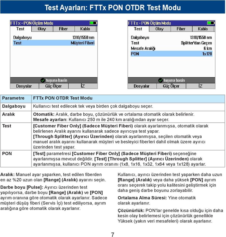 [Customer Fiber Only] (Sadece Müşteri Fiberi) olarak ayarlanmışsa, otomatik olarak belirlenen Aralık ayarını kullanarak sadece ayırıcıya test yapar.