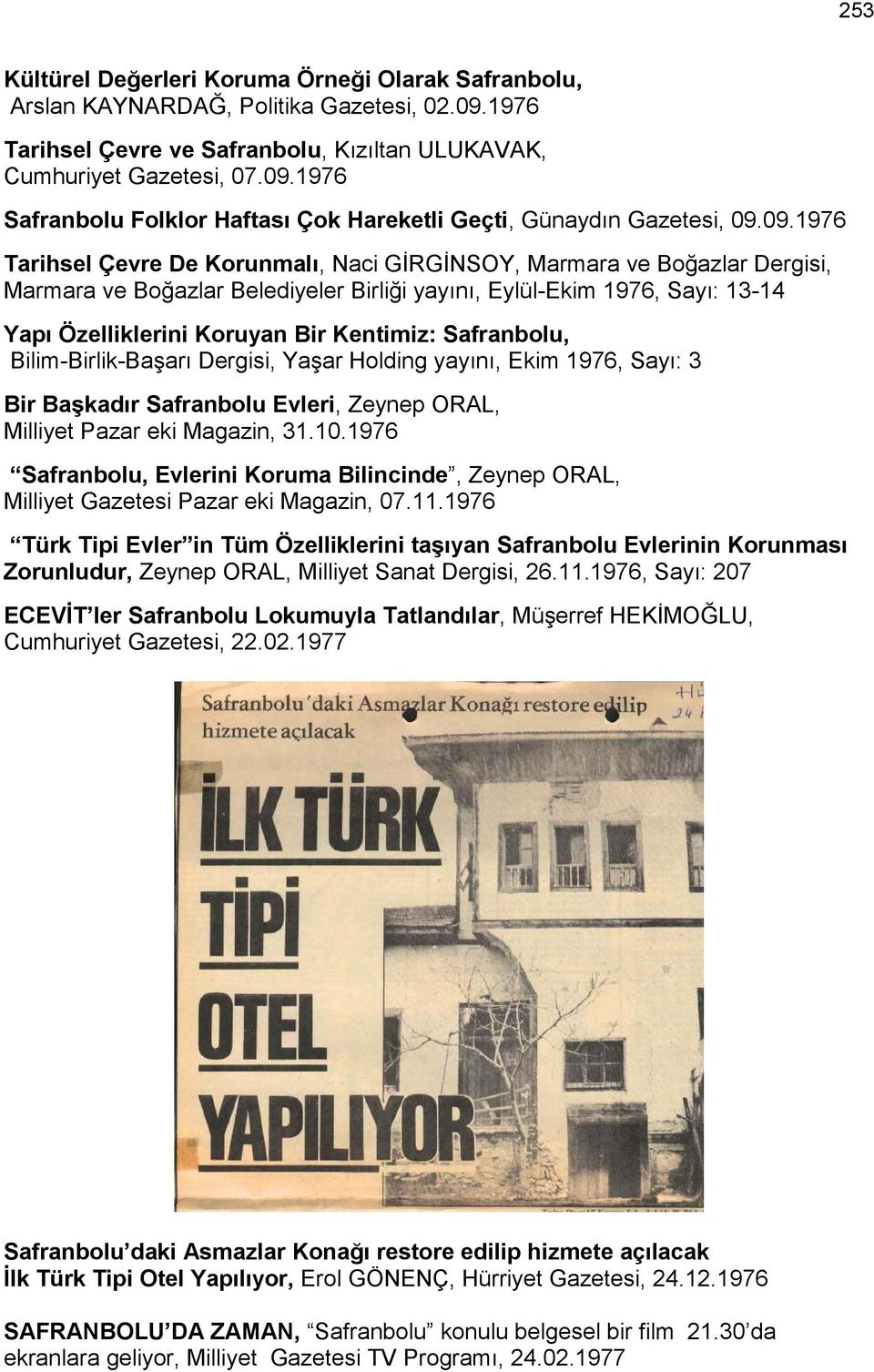 Safranbolu, Bilim-Birlik-Başarı Dergisi, Yaşar Holding yayını, Ekim 1976, Sayı: 3 Bir Başkadır Safranbolu Evleri, Zeynep ORAL, Milliyet Pazar eki Magazin, 31.10.