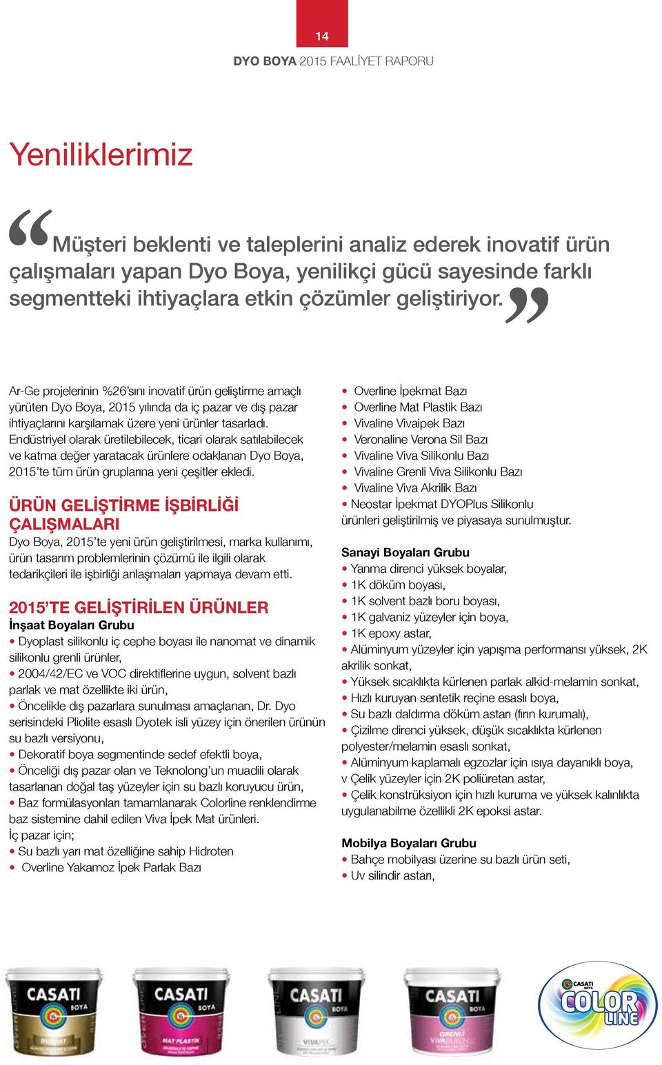 Endüstriyel olarak üretilebilecek, ticari olarak satılabilecek ve katma değer yaratacak ürünlere odaklanan Dyo Boya, 2015 te tüm ürün gruplarına yeni çeşitler ekledi.