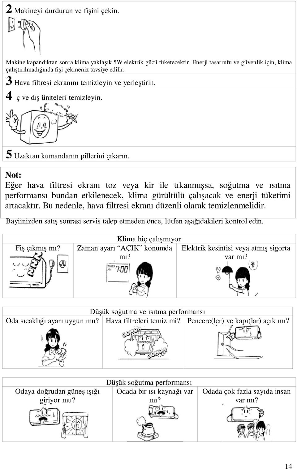 Not: Eğer hava filtresi ekranı toz veya kir ile tıkanmışsa, soğutma ve ısıtma performansı bundan etkilenecek, klima gürültülü çalışacak ve enerji tüketimi artacaktır.