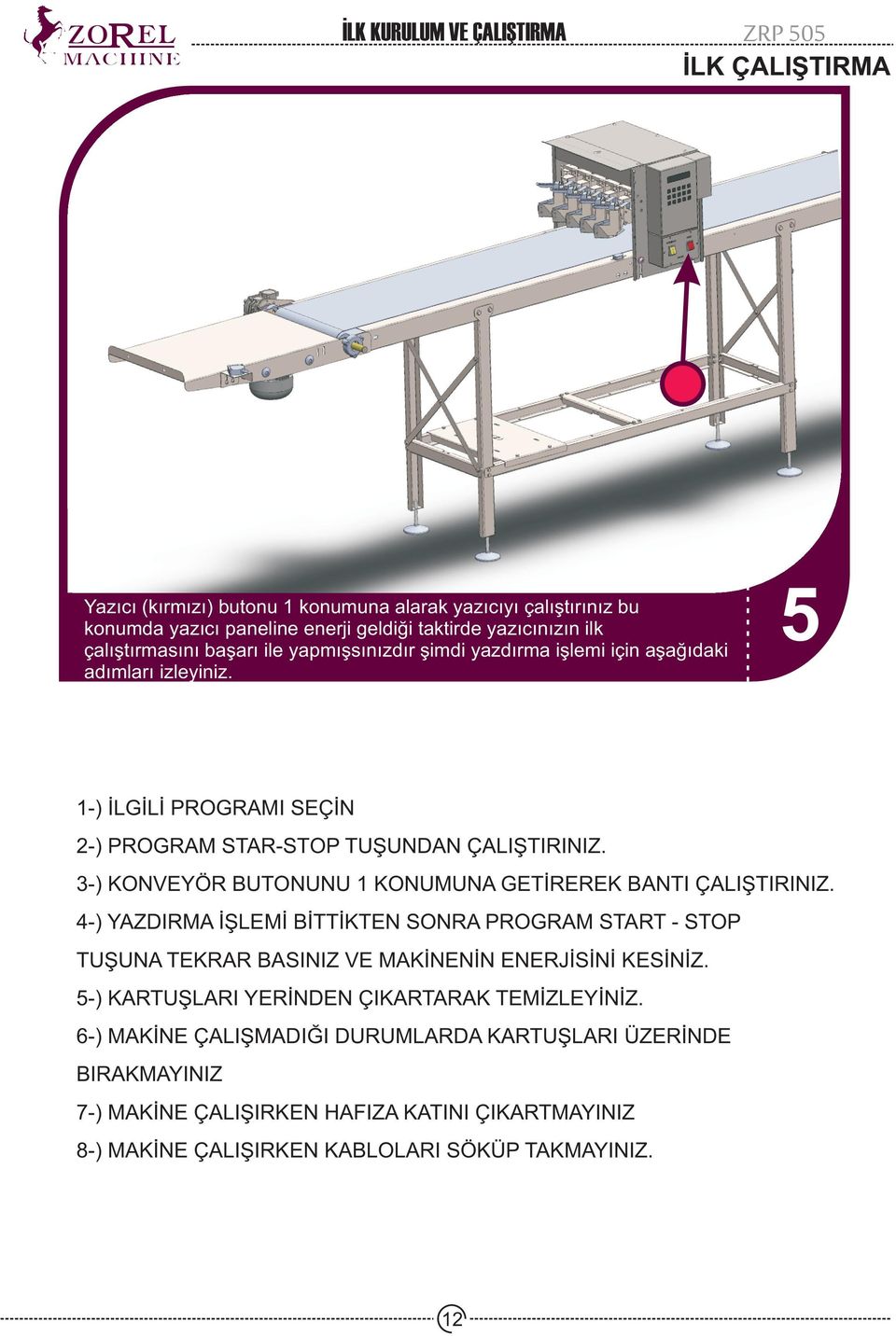 3-) KONVEYÖR BUTONUNU 1 KONUMUNA GETÝREREK BANTI ÇALIÞTIRINIZ. 4-) YAZDIRMA ÝÞLEMÝ BÝTTÝKTEN SONRA PROGRAM START - STOP TUÞUNA TEKRAR BASINIZ VE MAKÝNENÝN ENERJÝSÝNÝ KESÝNÝZ.