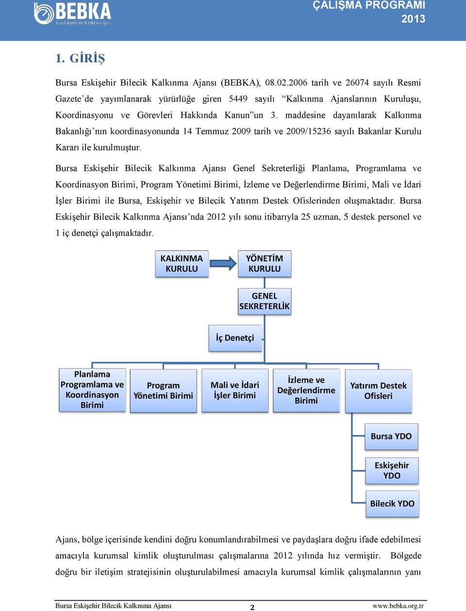 Genel Sekreterliği Planlama, Programlama ve Koordinasyon Birimi, Program Yönetimi Birimi, İzleme ve Değerlendirme Birimi, Mali ve İdari İşler Birimi ile Bursa, Eskişehir ve Bilecik Yatırım Destek