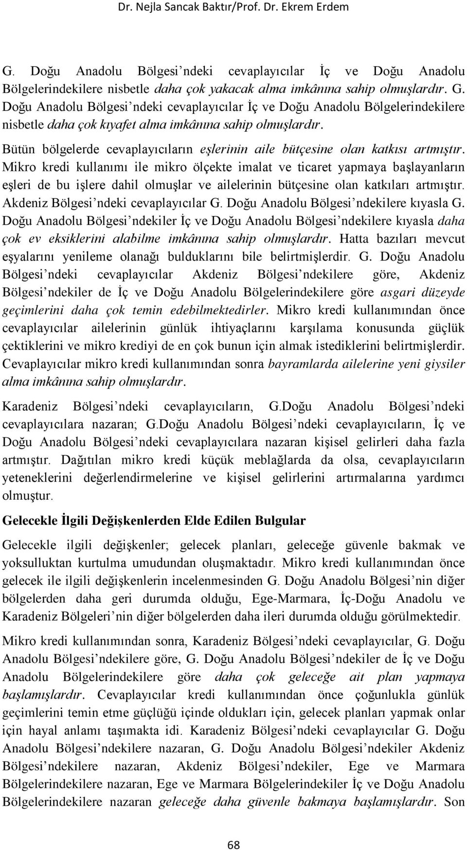 Mikro kredi kullanımı ile mikro ölçekte imalat ve ticaret yapmaya başlayanların eşleri de bu işlere dahil olmuşlar ve ailelerinin bütçesine olan katkıları artmıştır. Bölgesi ndeki cevaplayıcılar G.