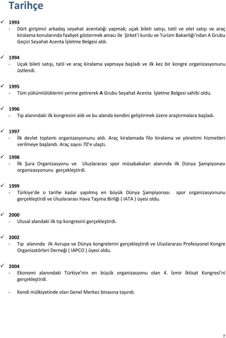 1995 - Tüm yükümlülüklerini yerine getirerek A Grubu Seyahat Acenta İşletme Belgesi sahibi oldu. 1996 - Tıp alanındaki ilk kongresini aldı ve bu alanda kendini geliştirmek üzere araştırmalara başladı.