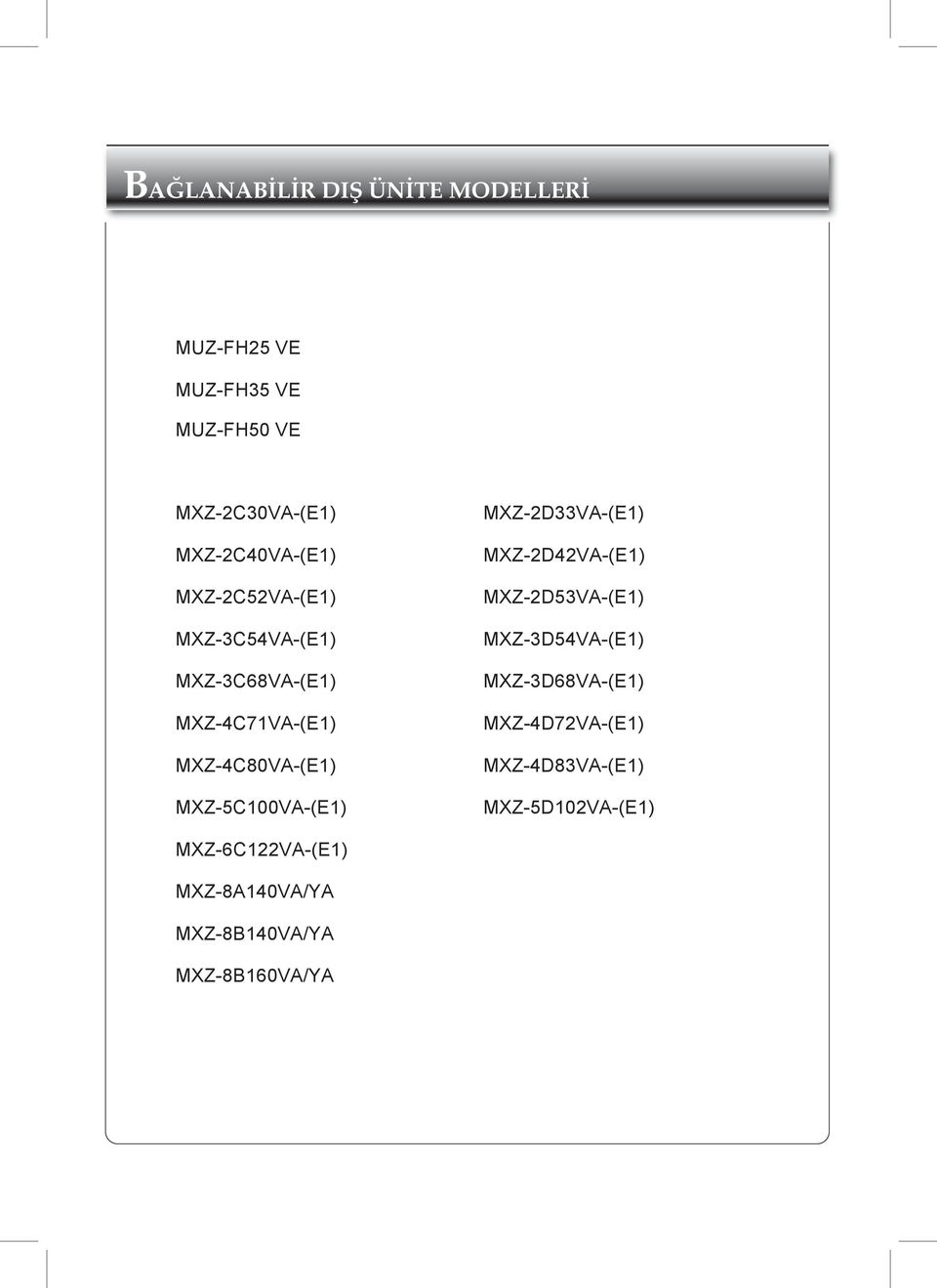 MXZ-5C100VA-(E1) MXZ-2D33VA-(E1) MXZ-2D42VA-(E1) MXZ-2D53VA-(E1) MXZ-3D54VA-(E1) MXZ-3D68VA-(E1)