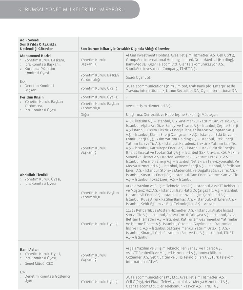 Yönetim Kurulu Başkanlığı Al Mal Investment Holding, Avea İletişim Hizmetleri A.Ş., Cell C (Pty), GroupMed International Holding Limited, GroupMed sal (Holding), BankMed sal, Oger Telecom Ltd.