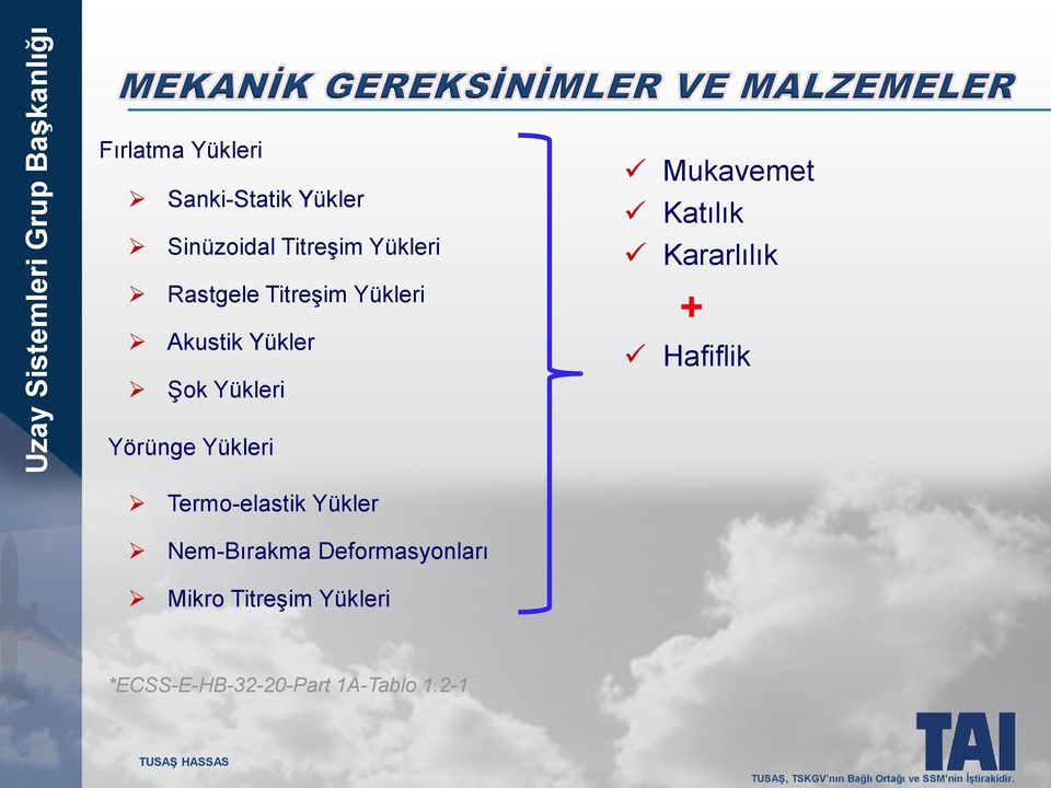 Kararlılık + Hafiflik Yörünge Yükleri Termo-elastik Yükler Nem-Bırakma