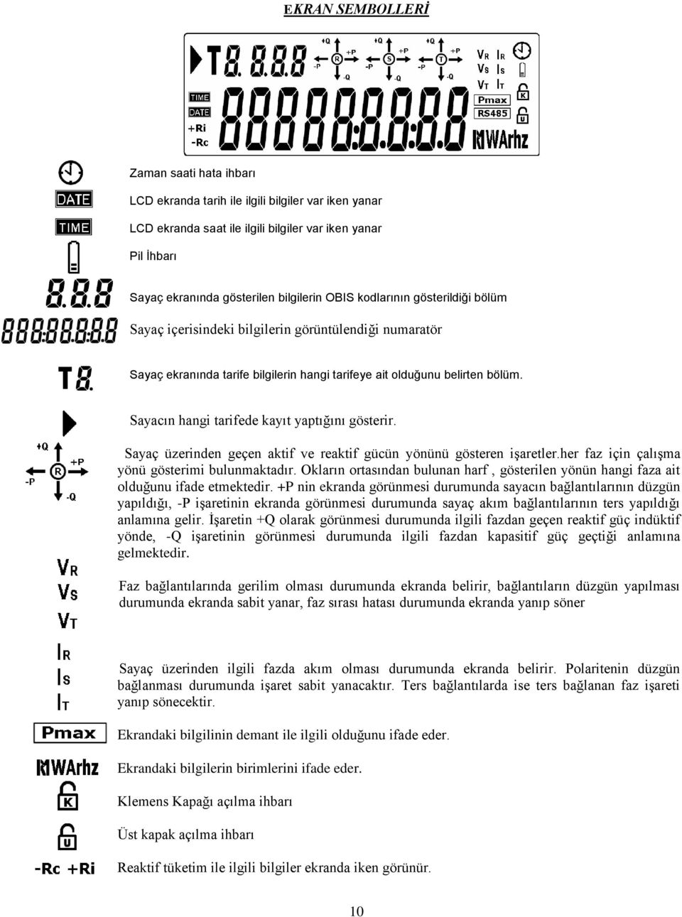 Sayacın hangi tarifede kayıt yaptığını gösterir. Sayaç üzerinden geçen aktif ve reaktif gücün yönünü gösteren iģaretler.her faz için çalıģma yönü gösterimi bulunmaktadır.