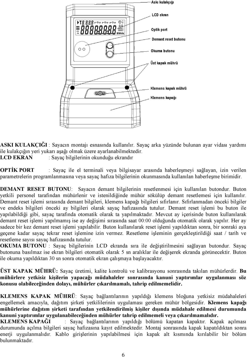 bilgilerinin okunmasında kullanılan haberleģme birimidir. DEMANT RESET BUTONU: Sayacın demant bilgilerinin resetlenmesi için kullanılan butondur.