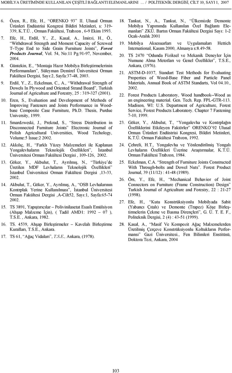 , Withdrawal Strength and Moment Capacity of Screwed T Type End to Side Grain Furniture Joints, Forest Products Journal, Vol. 54, No:11 Pg.91-97, November, 2004. 8. Güntekin, E.