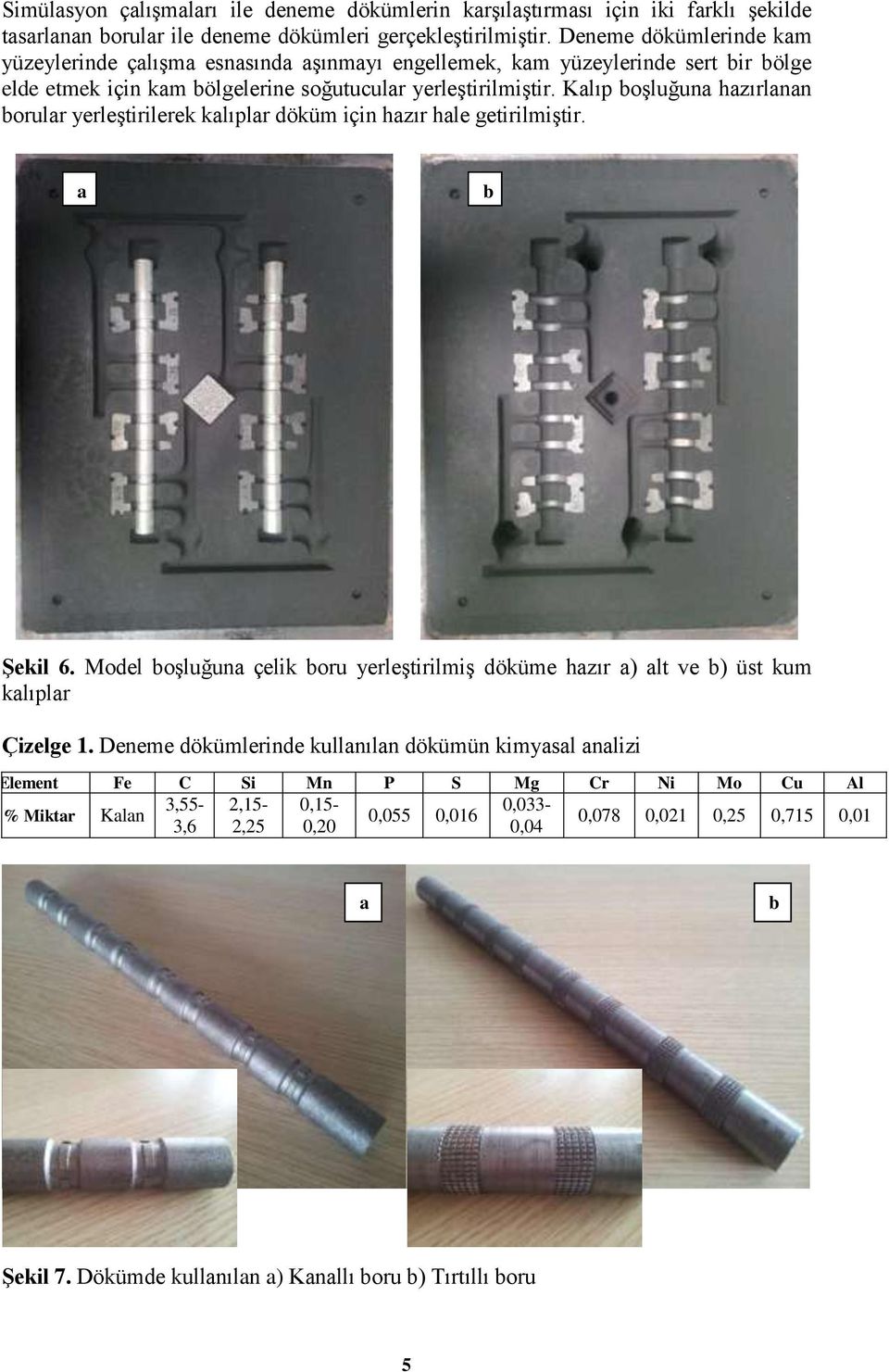 Kalıp boşluğuna hazırlanan borular yerleştirilerek kalıplar döküm için hazır hale getirilmiştir. a b Şekil 6.