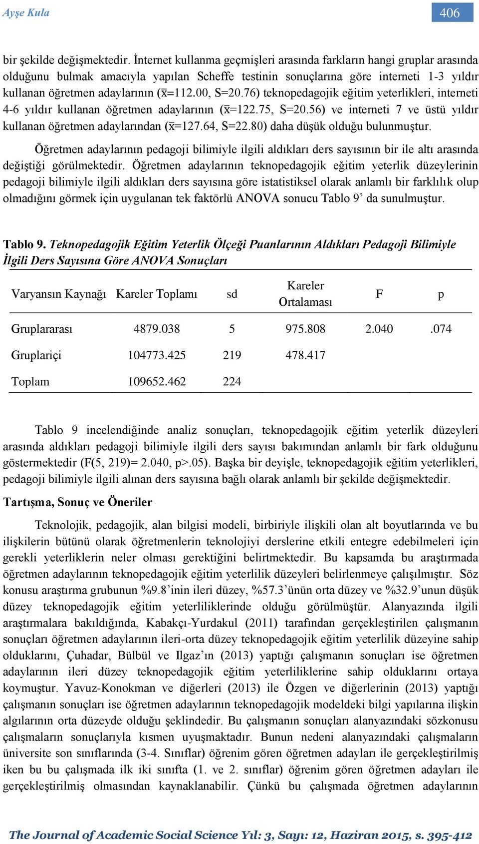 00, S=20.76) teknopedagojik eğitim yeterlikleri, interneti 4-6 yıldır kullanan öğretmen adaylarının (x =122.75, S=20.56) ve interneti 7 ve üstü yıldır kullanan öğretmen adaylarından (x =127.64, S=22.