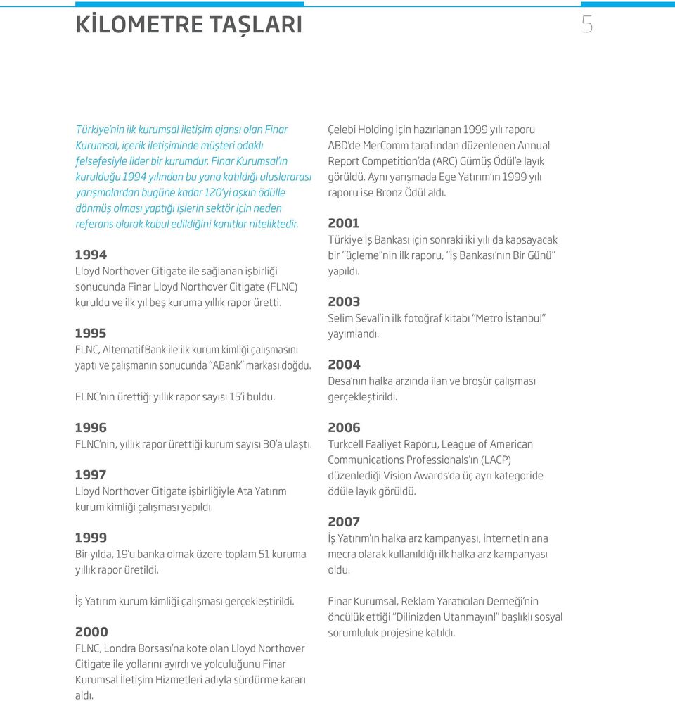 edildiğini kanıtlar niteliktedir. 1994 Lloyd Northover Citigate ile sağlanan işbirliği sonucunda Finar Lloyd Northover Citigate (FLNC) kuruldu ve ilk yıl beş kuruma yıllık rapor üretti.