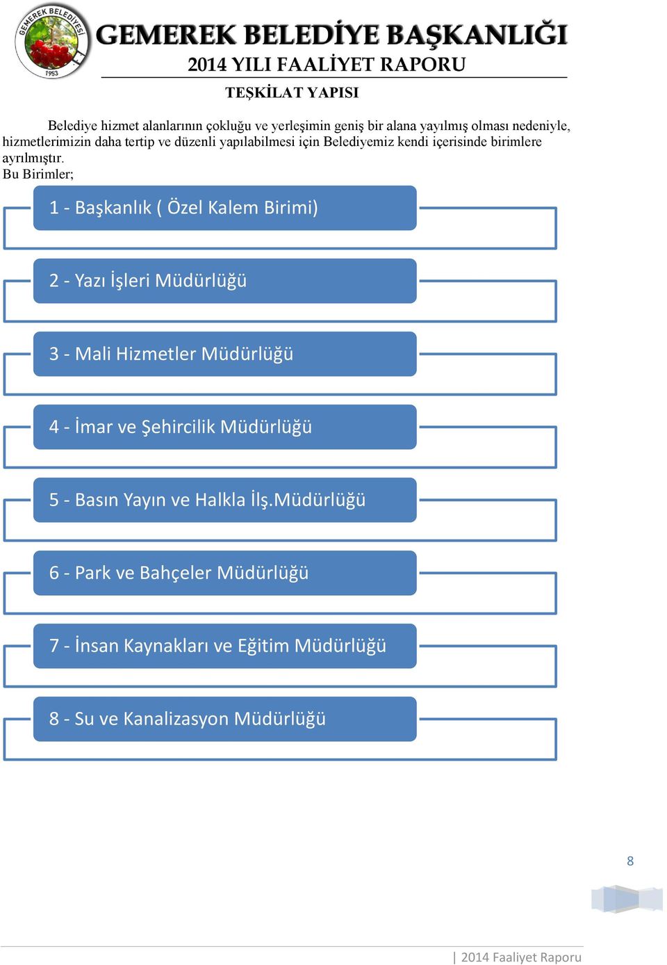 Bu Birimler; 1 - Başkanlık ( Özel Kalem Birimi) 2 - Yazı İşleri Müdürlüğü 3 - Mali Hizmetler Müdürlüğü 4 - İmar ve Şehircilik