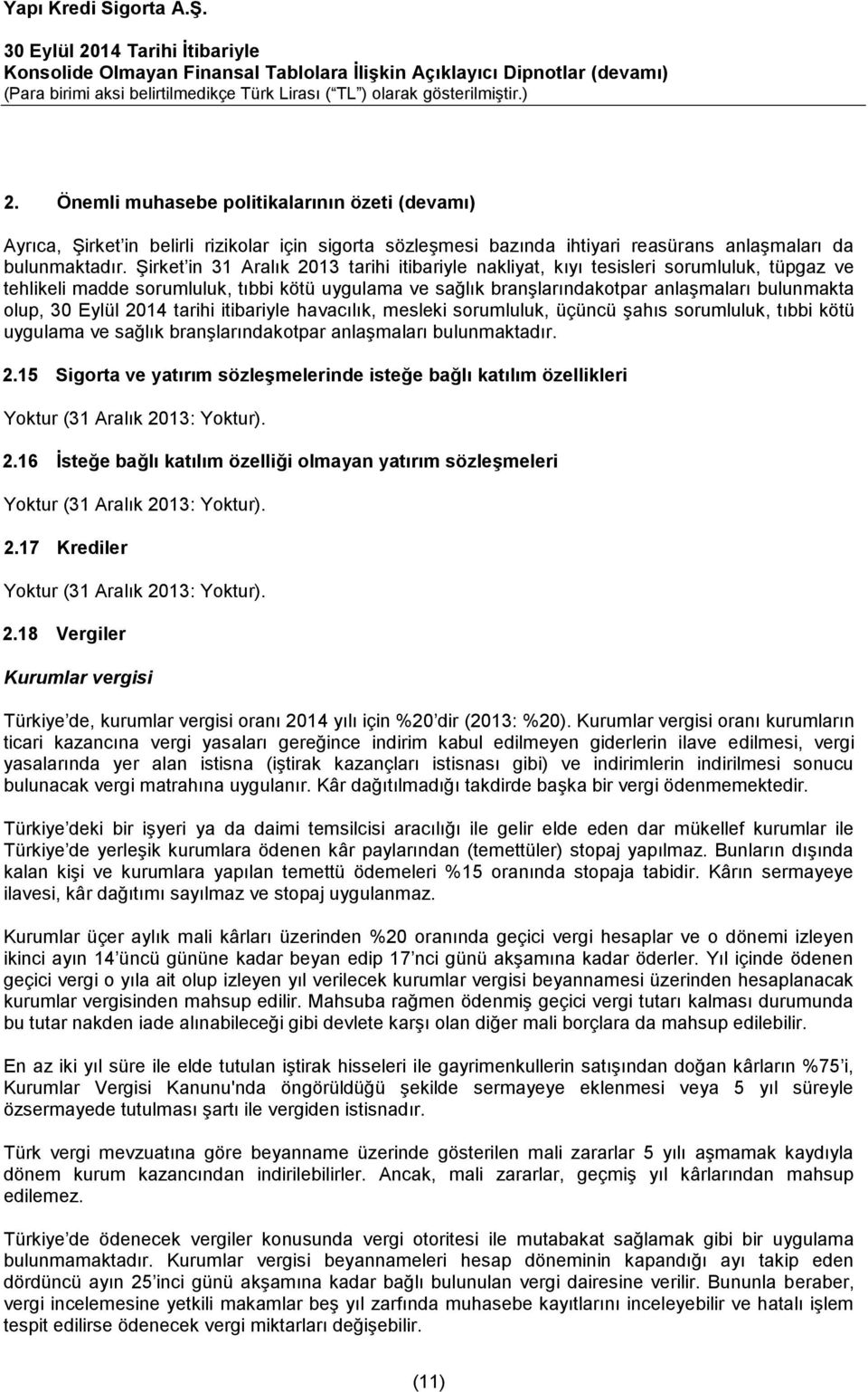 Eylül 2014 tarihi itibariyle havacılık, mesleki sorumluluk, üçüncü şahıs sorumluluk, tıbbi kötü uygulama ve sağlık branşlarındakotpar anlaşmaları bulunmaktadır. 2.15 Sigorta ve yatırım sözleşmelerinde isteğe bağlı katılım özellikleri Yoktur (31 Aralık 2013: Yoktur).