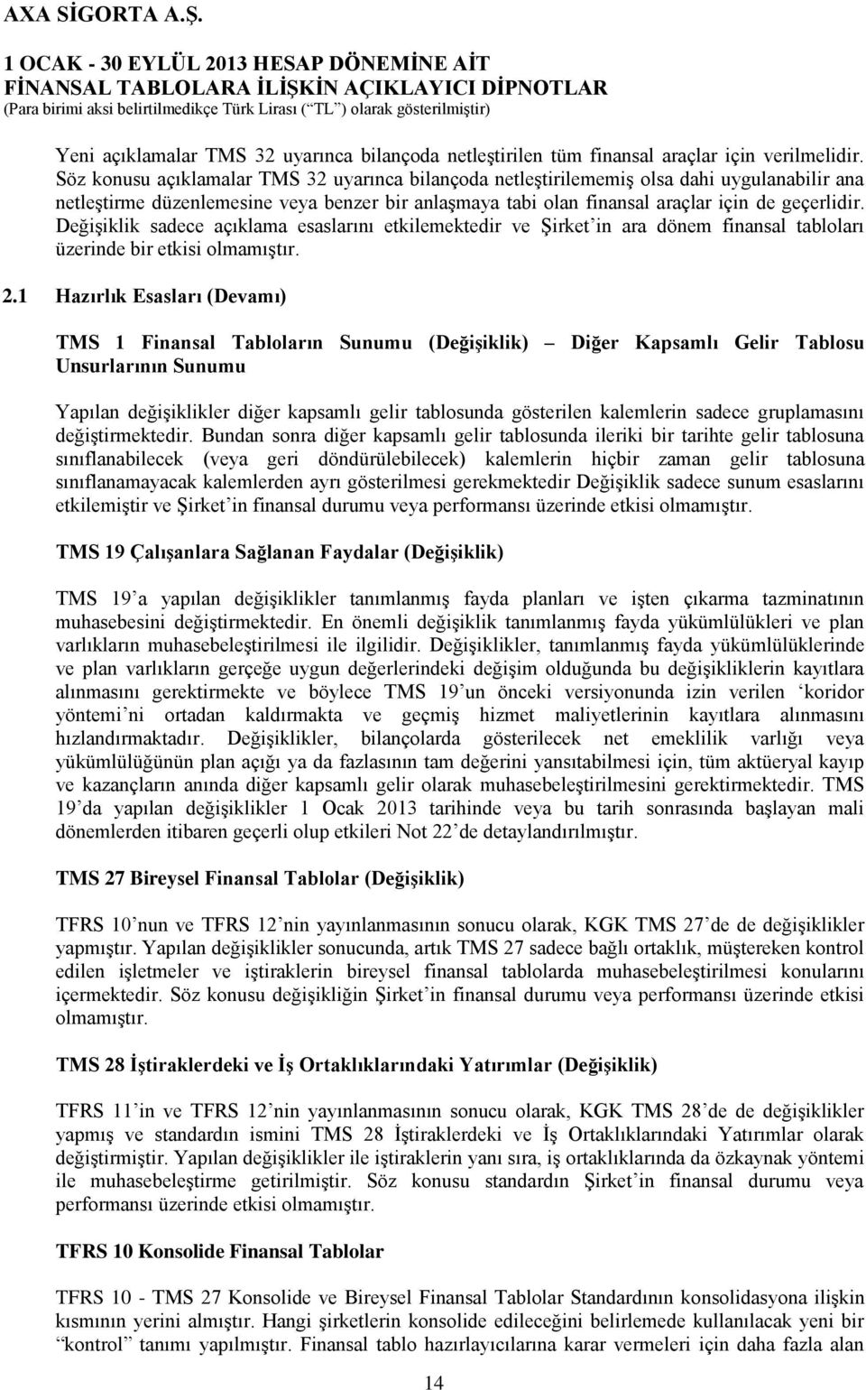 Değişiklik sadece açıklama esaslarını etkilemektedir ve Şirket in ara dönem finansal tabloları üzerinde bir etkisi olmamıştır. 2.