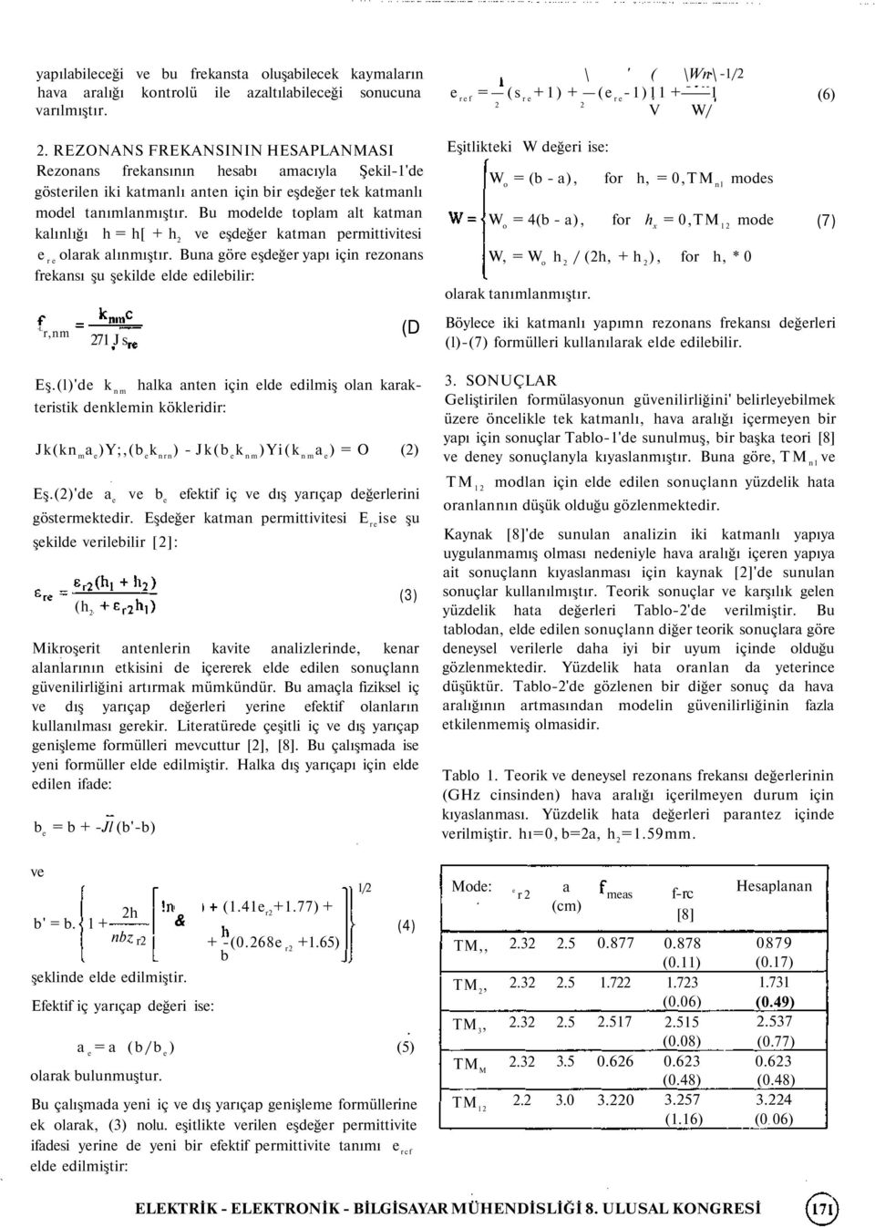 Bu modelde toplam alt katman kalınlığı h = h[ + h 2 ve eşdeğer katman permittivitesi e re olarak alınmıştır. Buna göre eşdeğer yapı için rezonans frekansı şu şekilde elde edilebilir: L r,nm 271 Js Eş.