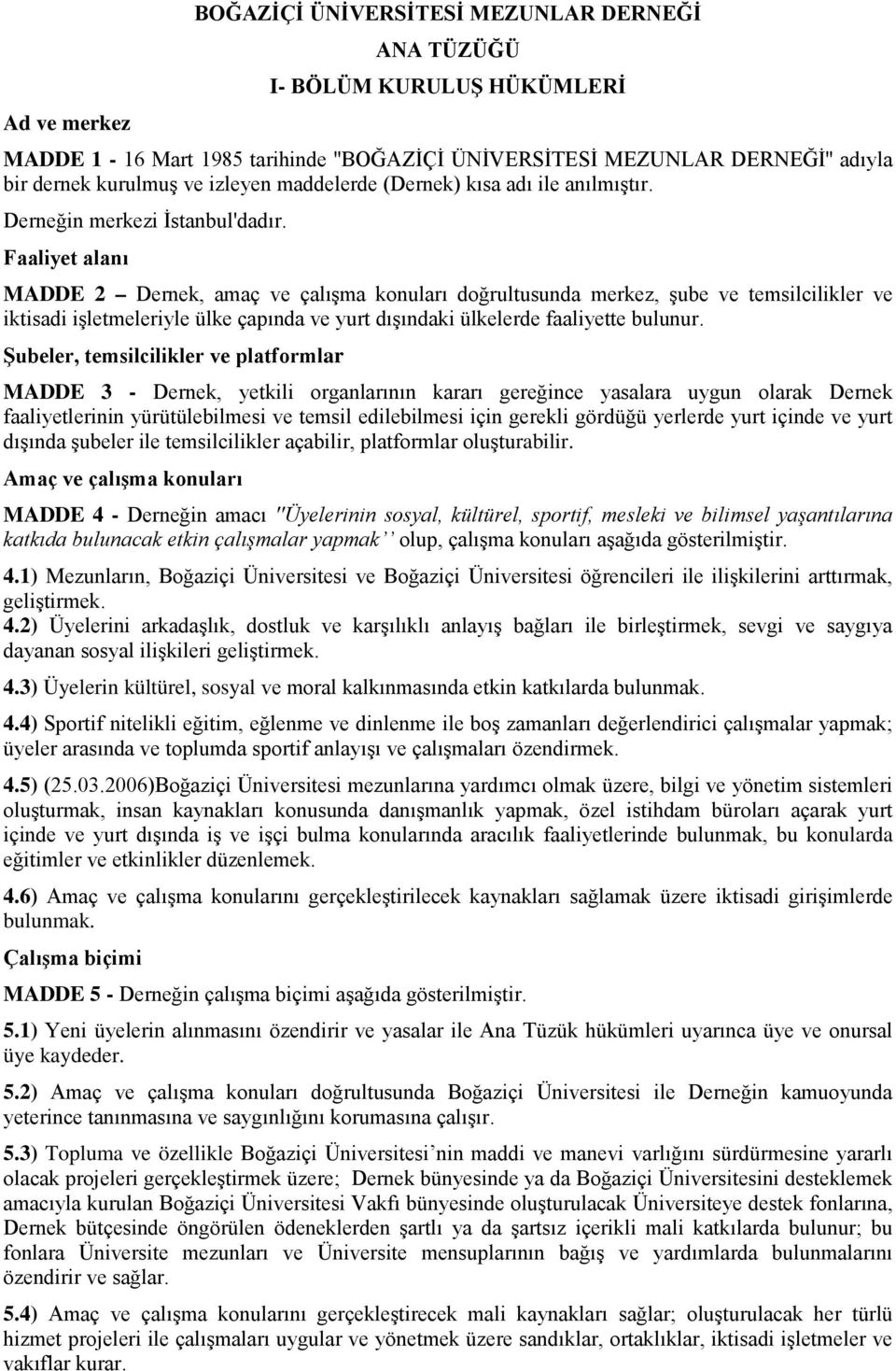 Faaliyet alanı MADDE 2 Dernek, amaç ve çalışma konuları doğrultusunda merkez, şube ve temsilcilikler ve iktisadi işletmeleriyle ülke çapında ve yurt dışındaki ülkelerde faaliyette bulunur.