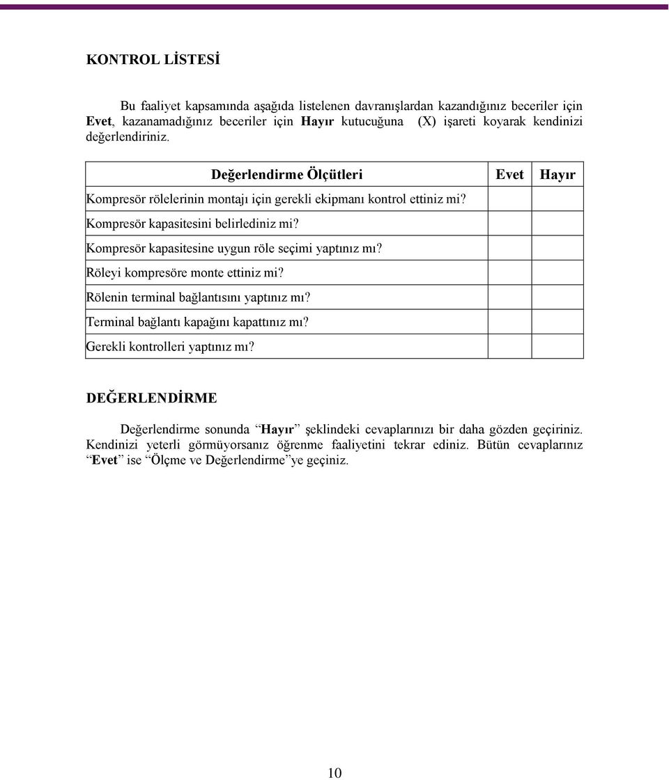 Kompresör kapasitesine uygun röle seçimi yaptınız mı? Röleyi kompresöre monte ettiniz mi? Rölenin terminal bağlantısını yaptınız mı? Terminal bağlantı kapağını kapattınız mı?