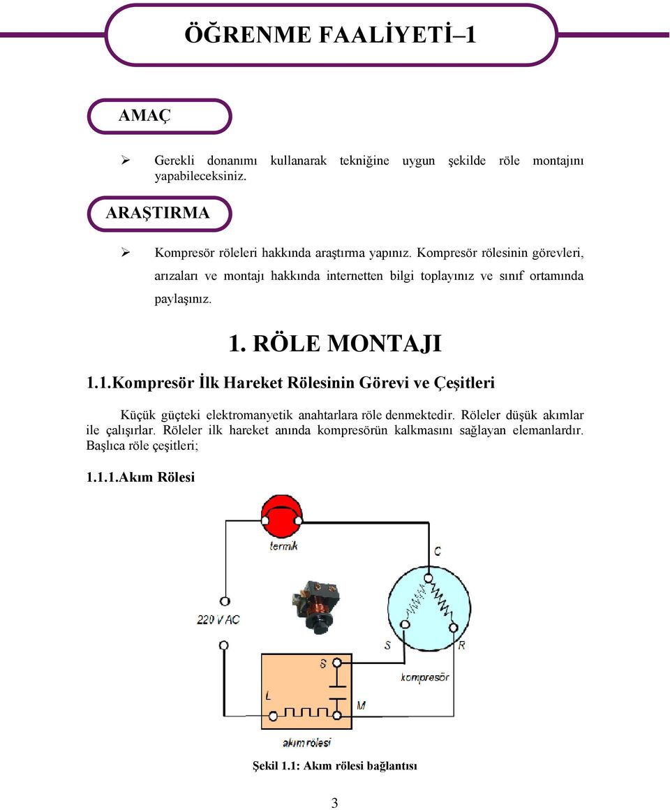 Kompresör rölesinin görevleri, arızaları ve montajı hakkında internetten bilgi toplayınız ve sınıf ortamında paylaşınız. 1.