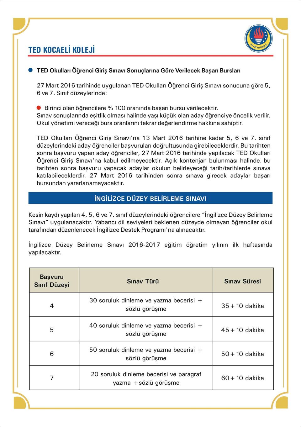 Okul yönetimi vereceği burs oranlarını tekrar değerlendirme hakkına sahiptir. TED Okulları Öğrenci Giriş Sınavı'na 13 Mart 16 tarihine kadar 5, 6 ve 7.