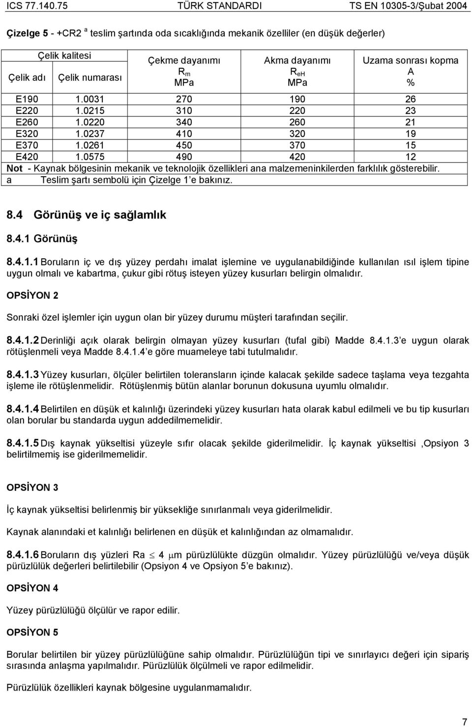 0575 490 420 12 Not - Kaynak bölgesinin mekanik ve teknolojik özellikleri ana malzemeninkilerden farklılık gösterebilir. a Teslim şartı sembolü için Çizelge 1 e bakınız. 8.4 Görünüş ve iç sağlamlık 8.